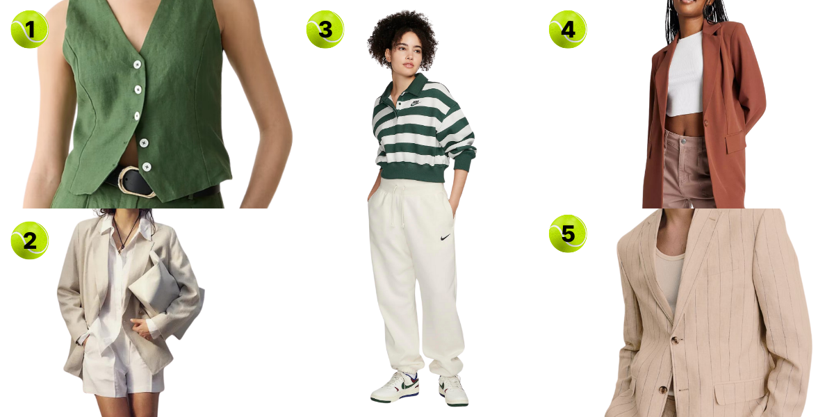 1. Linen Vest ($57, sizes 00-24)2. Double Breasted Blazer ($41, sizes XS-XXL) 3. Striped Polo Fleece ($49, sizes XS-XXL) 4. Oversized Blazer ($38, sizes XXS-4XL) 5. Linen Striped Jacket ($99, sizes 34R-52R)