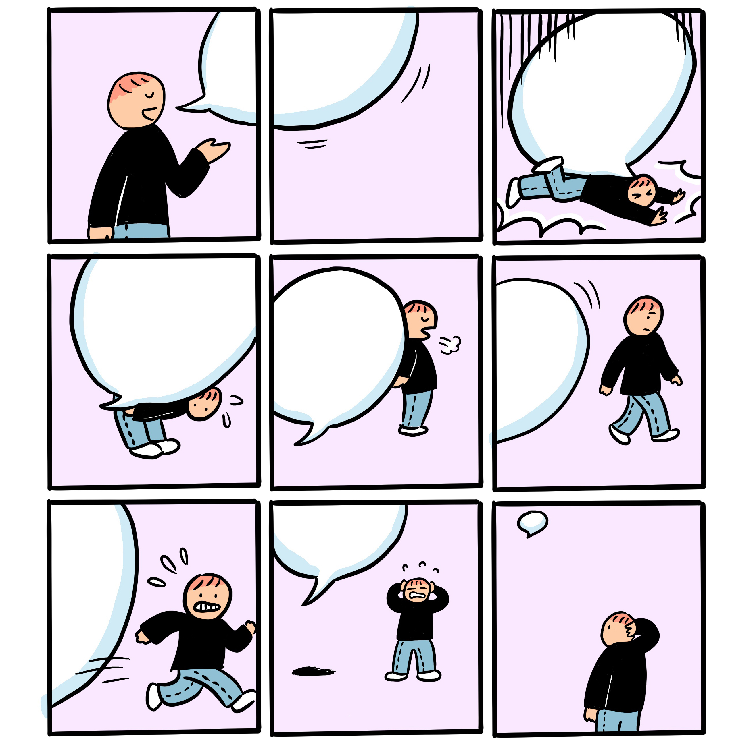 A nine-panel comic of Baopu, an Asian person with red hair, being crushed by the memory of that one thing they said one time (it's a blank thought bubble)