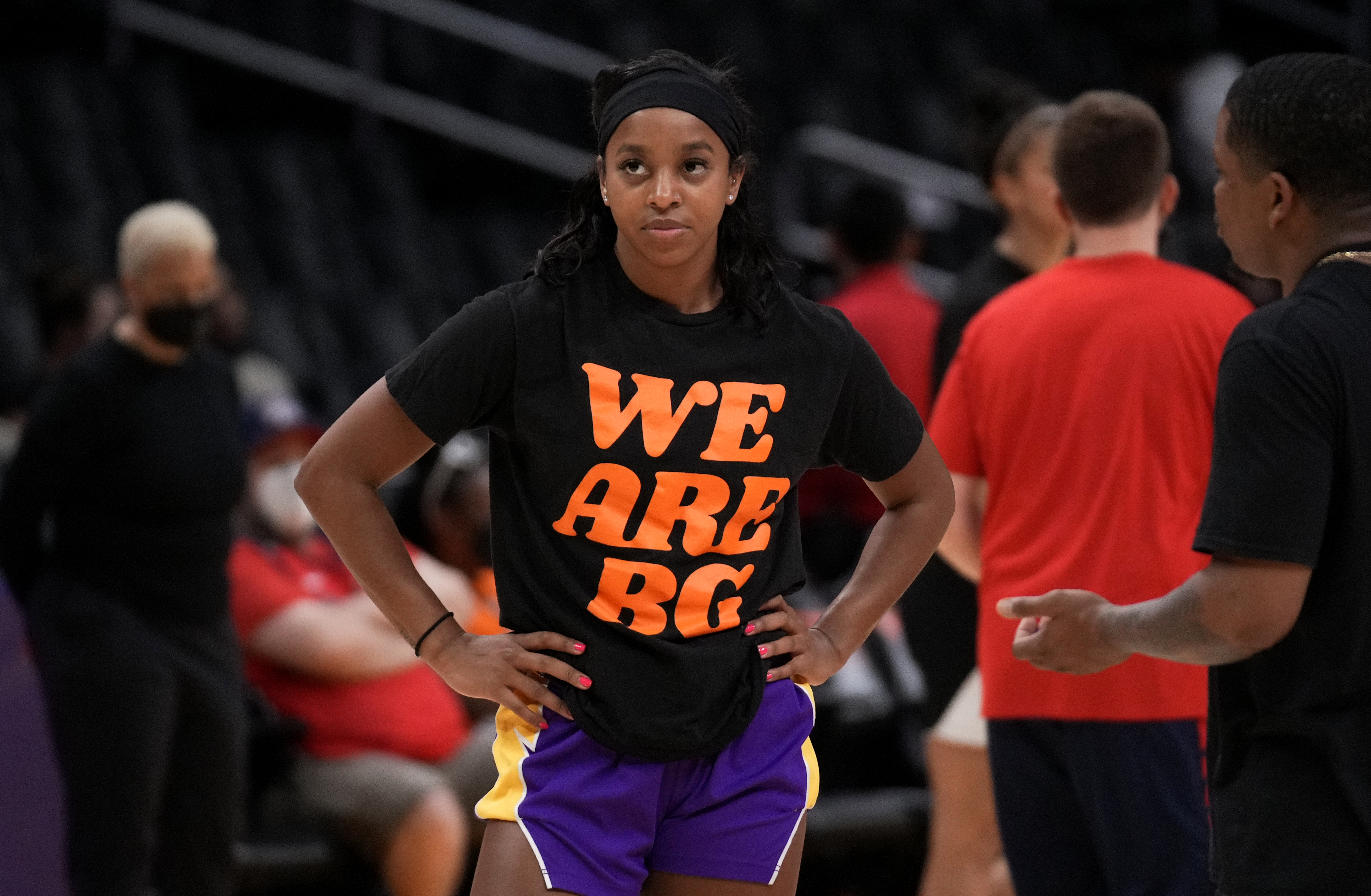 Los Angeles, CA - July 12: Guard Lexie Brown #4 of the Los Angeles Sparks where a t-shirt in honor of WNBA basketball player Brittney Griner who is in jail in Russia prior to a WNBA basketball game between the Los Angeles Sparks and the Washington Mystics at Crypto.com in Los Angeles on Tuesday, July 12, 2022. (Photo by Keith Birmingham/MediaNews Group/Pasadena Star-News via Getty Images)