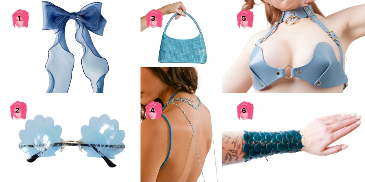 1. Chiffon Bow ($6)2. Seashell Glasses ($17) 3. Blue Sequin Bag ($30) 4. Beaded Necklace ($38) 5. Leather Bra ($182, sizes XS-XXL) 6. Mermaid Cuff ($26+)