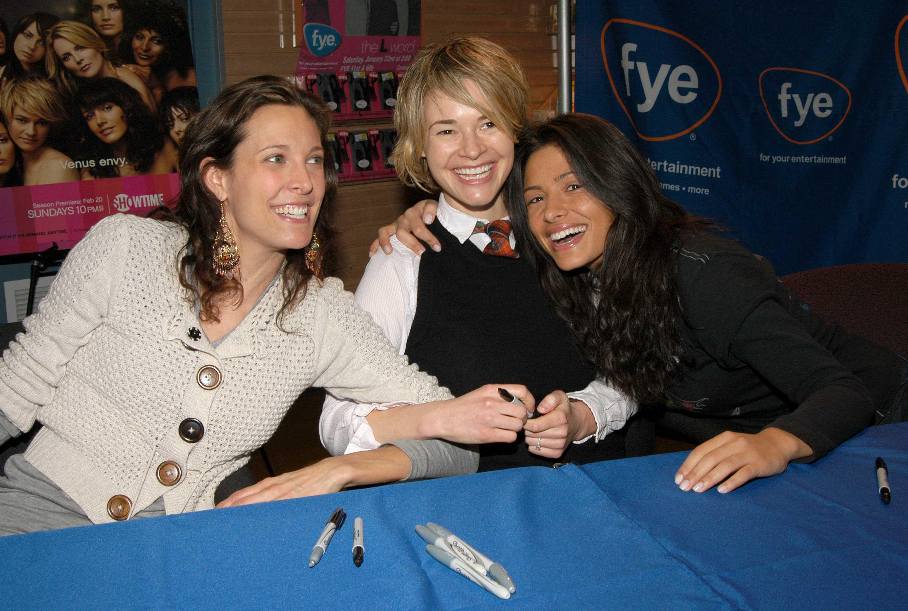 Erin Daniels, Leisha Hailey, and Sarah Shahi during Castmembers From Showtime's "The L Word" Sign Copies of The First Season DVD at FYE, Rockefeller Center in New York City, New York, United States. (Photo by Stephen Lovekin/FilmMagic)