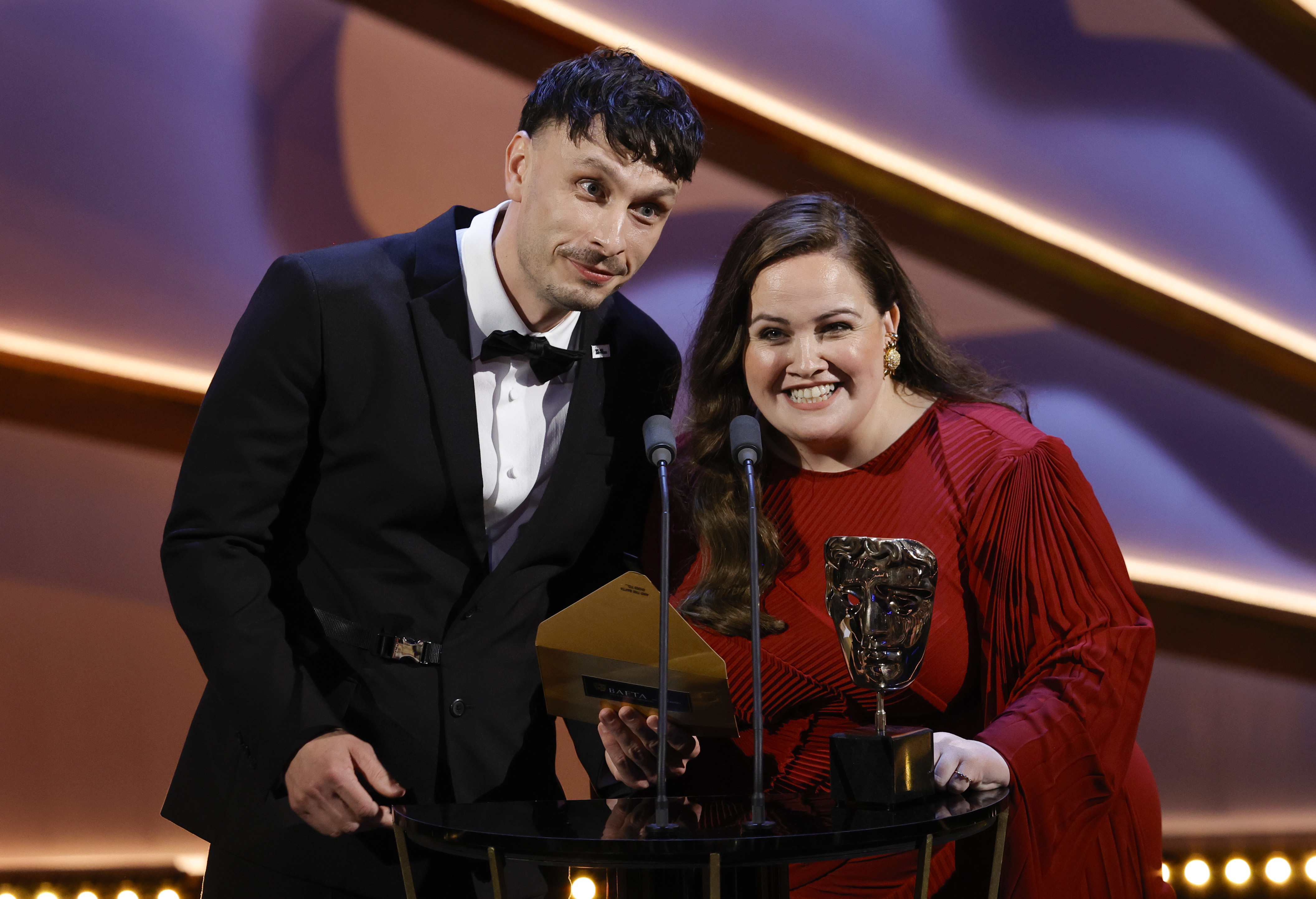 LONDON, ENGLAND - MAY 12: Richard Gadd and Jessica Gunning present the Limited Drama Award onstage during the 2024 BAFTA Television Awards with P&O Cruises at The Royal Festival Hall on May 12, 2024 in London, England. (Photo by John Phillips/BAFTA/Getty Images for BAFTA)