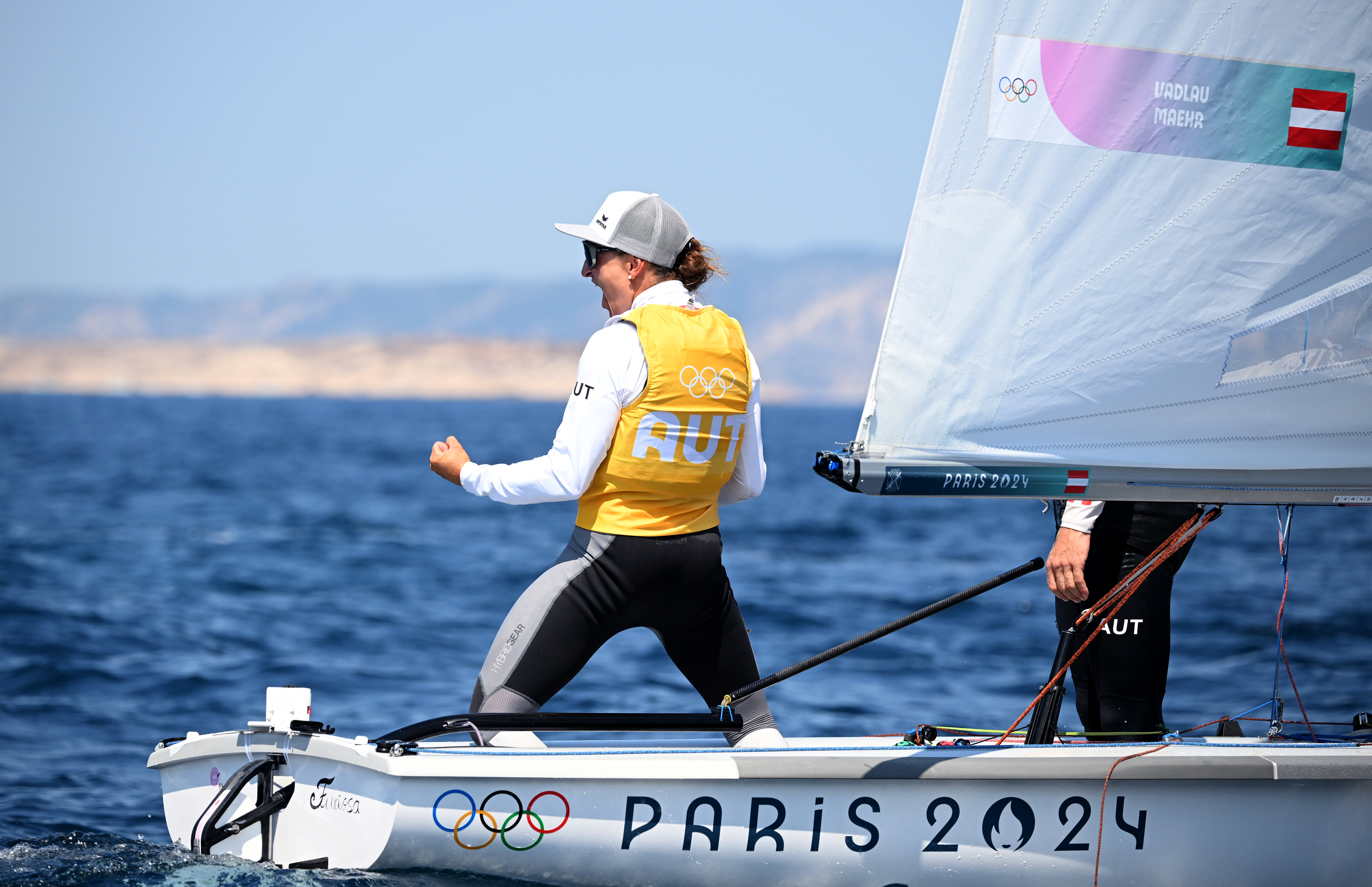 MARSEILLE, FRANCE - AUGUST 08: Lara Vadlau of Team Austria celebrates winning the Gold medal in the Mixed Dinghy 470 class on day thirteen of the Olympic Games Paris 2024 at Marseille Marina on August 08, 2024 in Marseille, France. (Photo by Clive Mason/Getty Images)