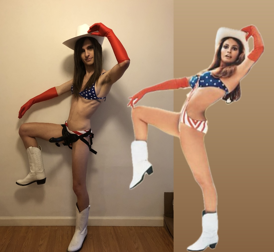 A side by side of Drew next to Myra Breckinridge doing her iconic pose, but Drew wears a strap