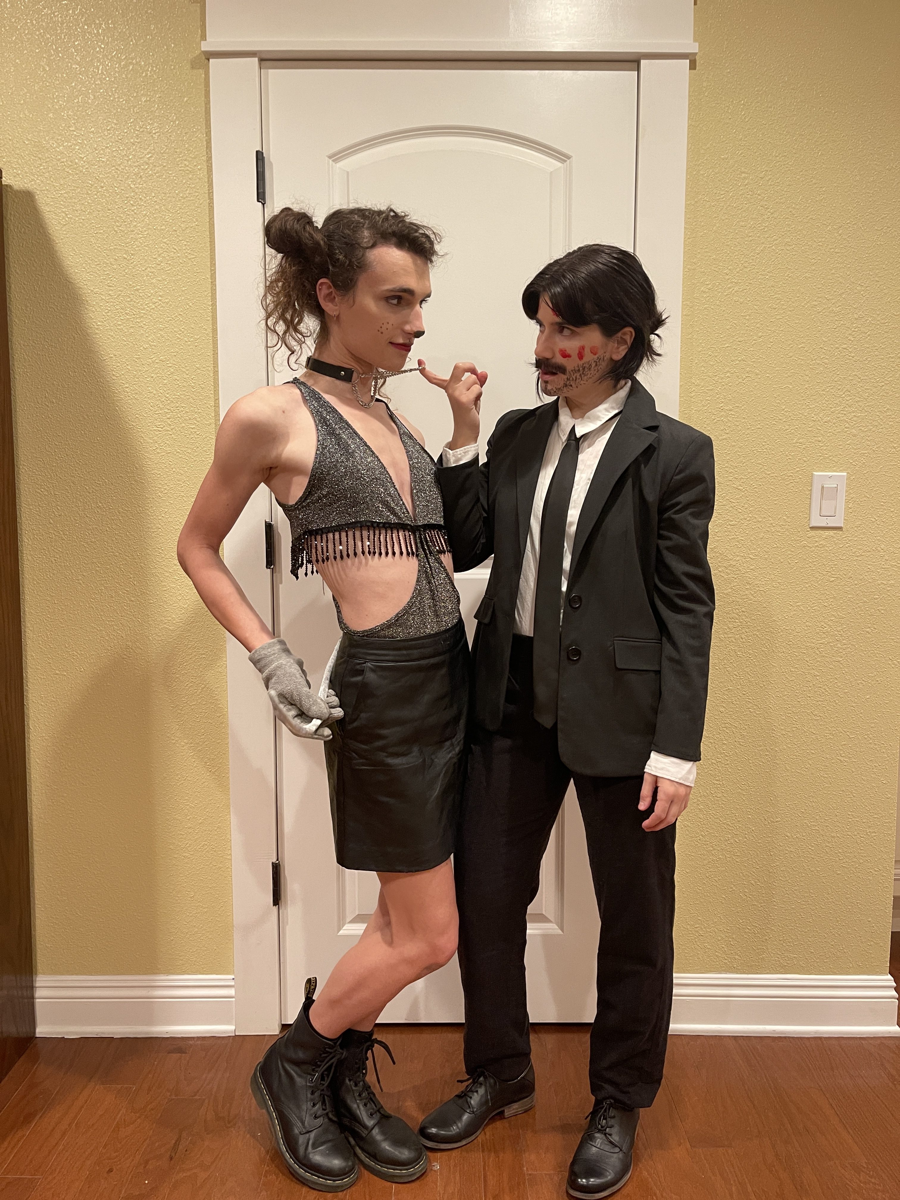 Drew and Elise pose as John Wick's slutty dog and John Wick with Elise holding Drew by the collar. 