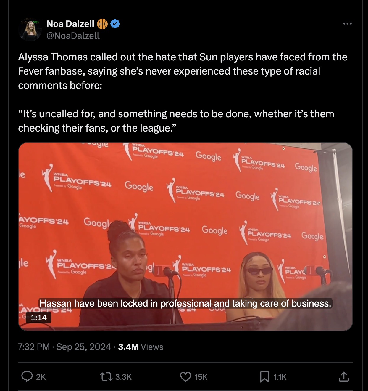 Alyssa Thomas called out the hate that Sun players have faced from the Fever fanbase, saying she’s never experienced these type of racial comments before: “It’s uncalled for, and something needs to be done, whether it’s them checking their fans, or the league.”