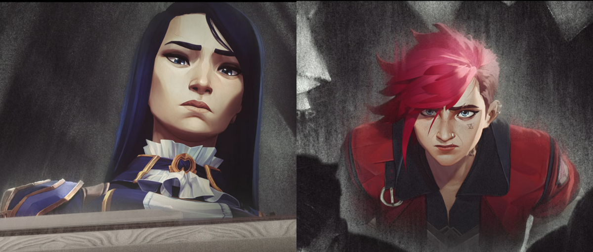 Arcane: Caitlyn and Vi in bright colors on a black-and-grey background during the funeral