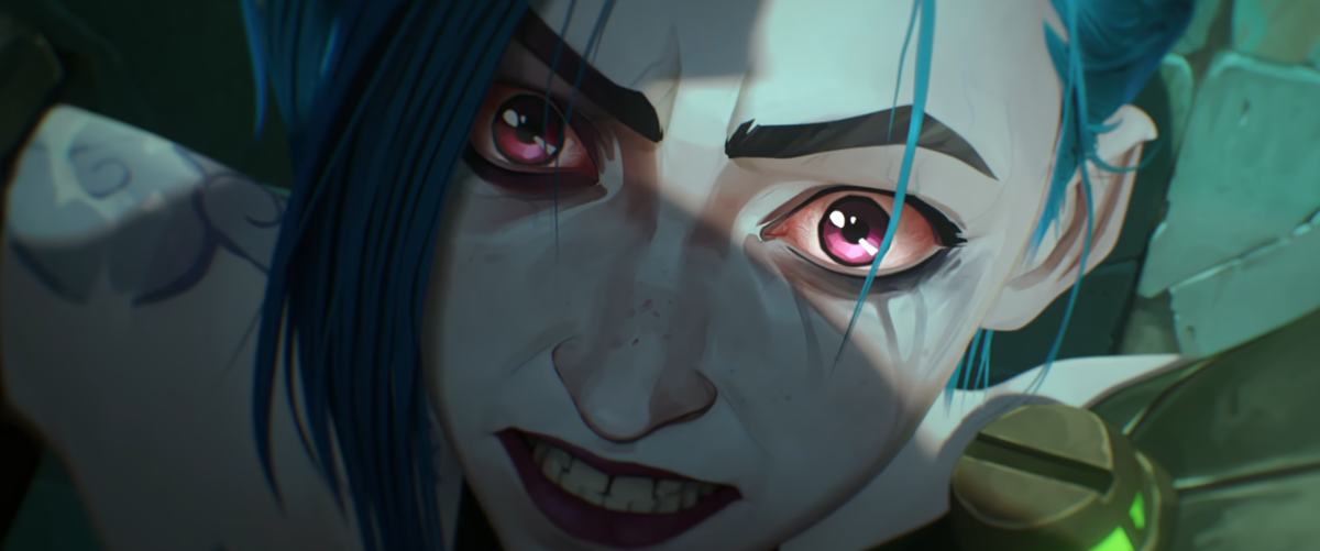 Arcane: Jinx glares into the 'camera' with eyes red from crying but gritting her teeth
