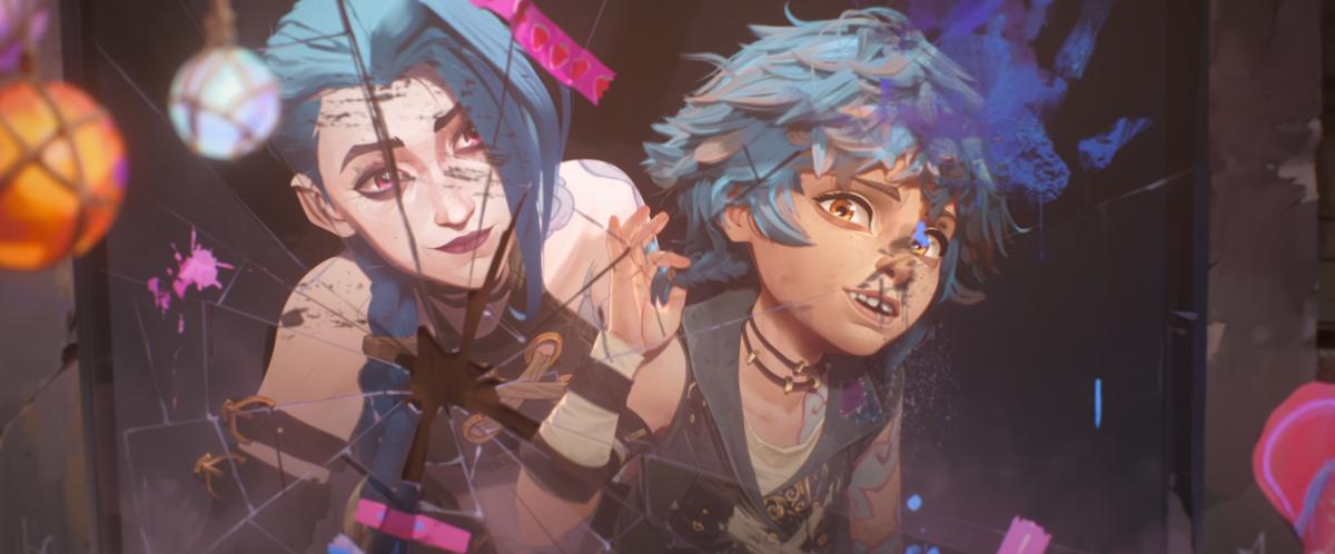 Jinx dyes Isha's hair blue and Isha looks in the mirror approvingly