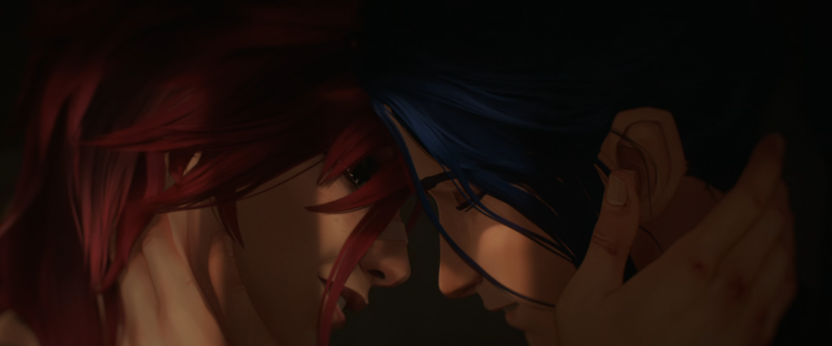 Arcane: Vi and Caitlyn press their foreheads together in the CaitVi sex scene