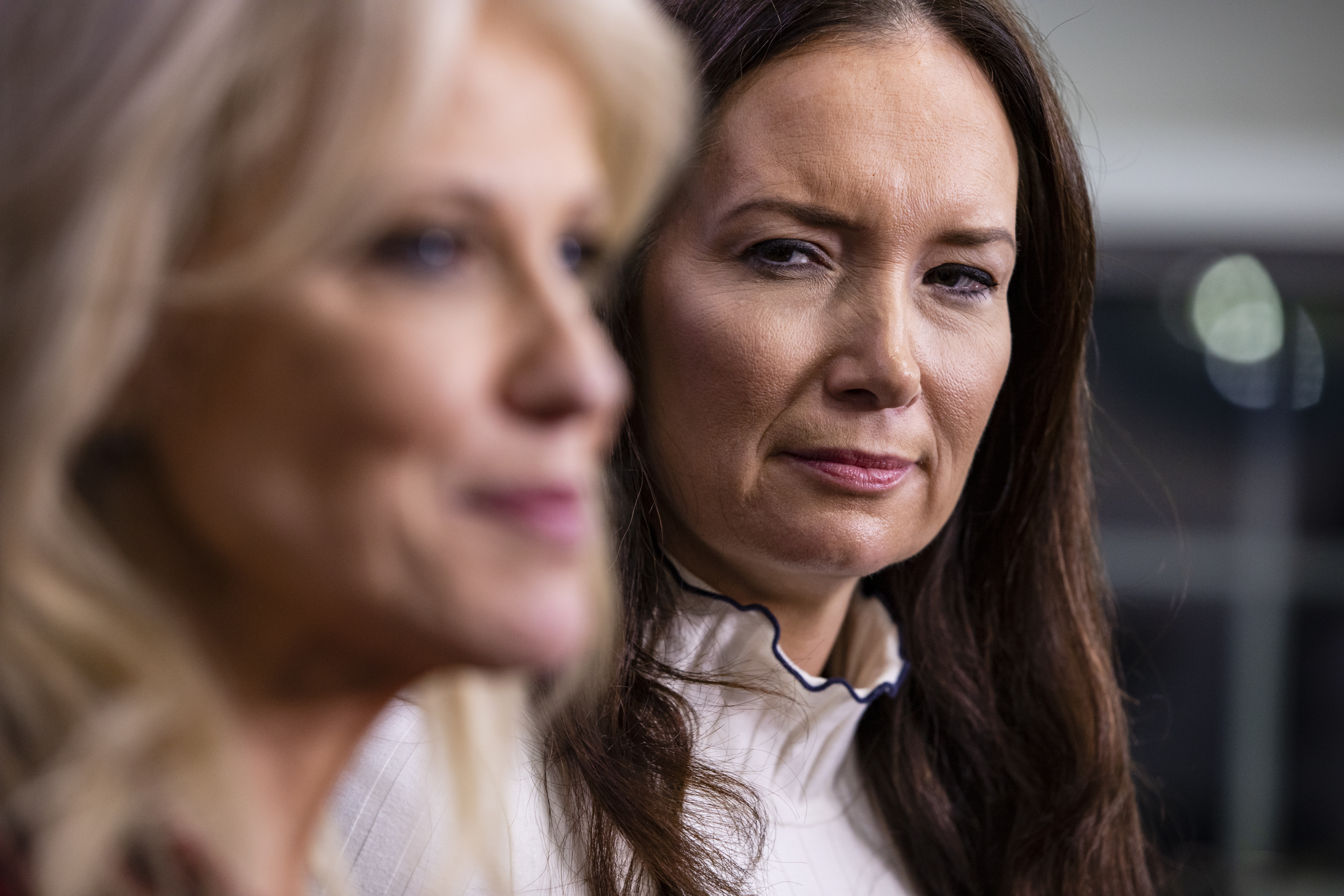 WASHINGTON, DC - DECEMBER 16: Brooke Rollins, Assistant to the President for Strategic Initiatives, listens as Kellyanne Conway, Counselor to the President of the United States and White House Advisor, answers questions after an on-camera interview at the White House on December 16, 2019 in Washington, DC. Conway criticized former FBI Director James Comey and defended President Trump against Democrats in the Impeachment proceedings during the interview. (Photo by Samuel Corum/Getty Images)