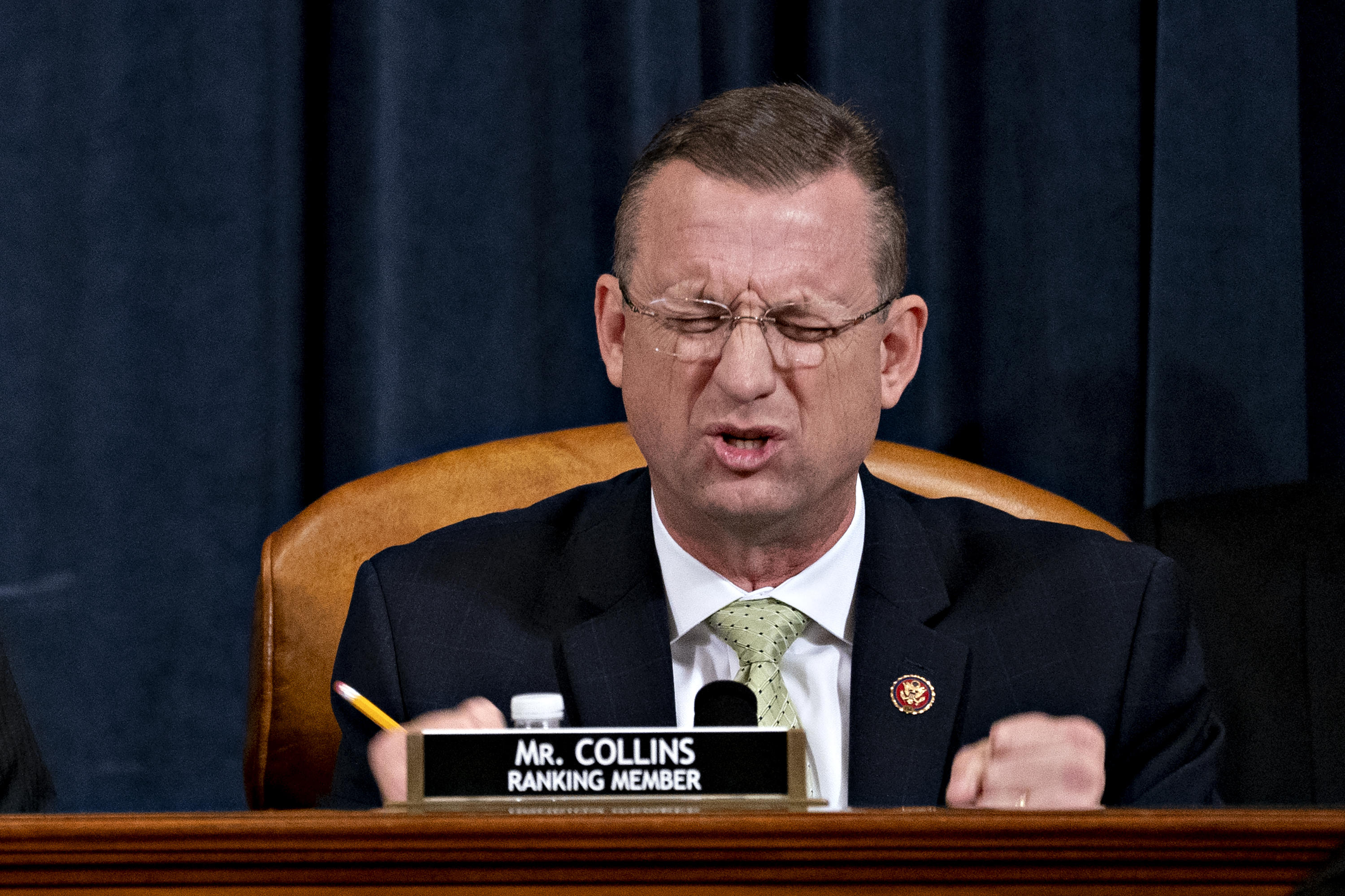 WASHINGTON, DC - DECEMBER 12: Ranking member Rep. Doug Collins (R-GA) speaks during a House Judiciary Committee markup hearing on the Articles of Impeachment against President Donald Trump at the Longworth House Office Building on Thursday December 12, 2019 in Washington, DC. The articles of impeachment charge Trump with abuse of power and obstruction of Congress. House Democrats claim that Trump posed a 'clear and present danger' to national security and the 2020 election in his dealings with Ukraine over the past year. (Photo by Andrew Harrer - Pool/Getty Images)