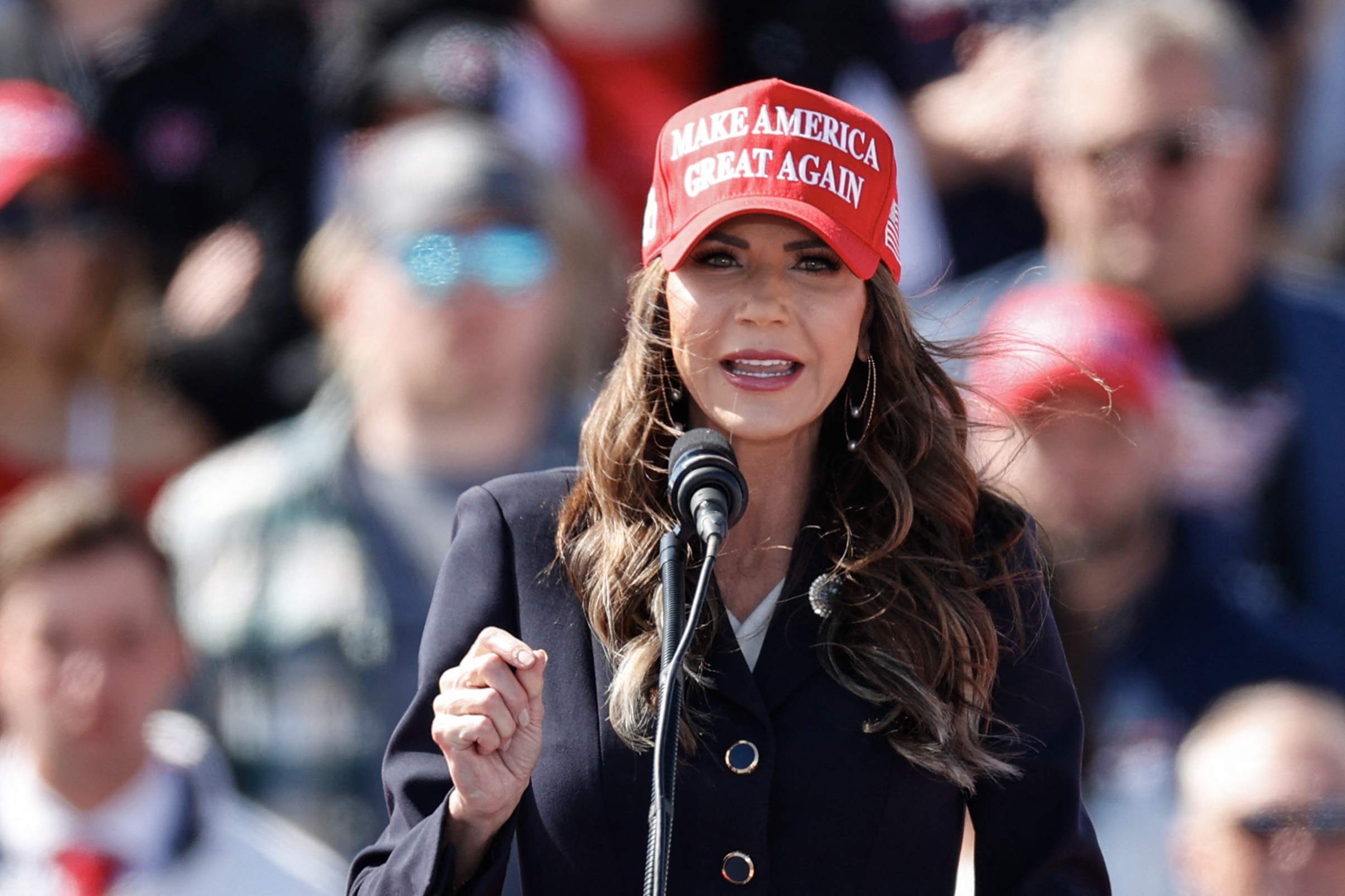 South Dakota Governor Kristi Noem speaks before former US President and Republican presidential candidate Donald Trump takes the stage during a Buckeye Values PAC Rally in Vandalia, Ohio, on March 16, 2024. (Photo by KAMIL KRZACZYNSKI / AFP) (Photo by KAMIL KRZACZYNSKI/AFP via Getty Images)