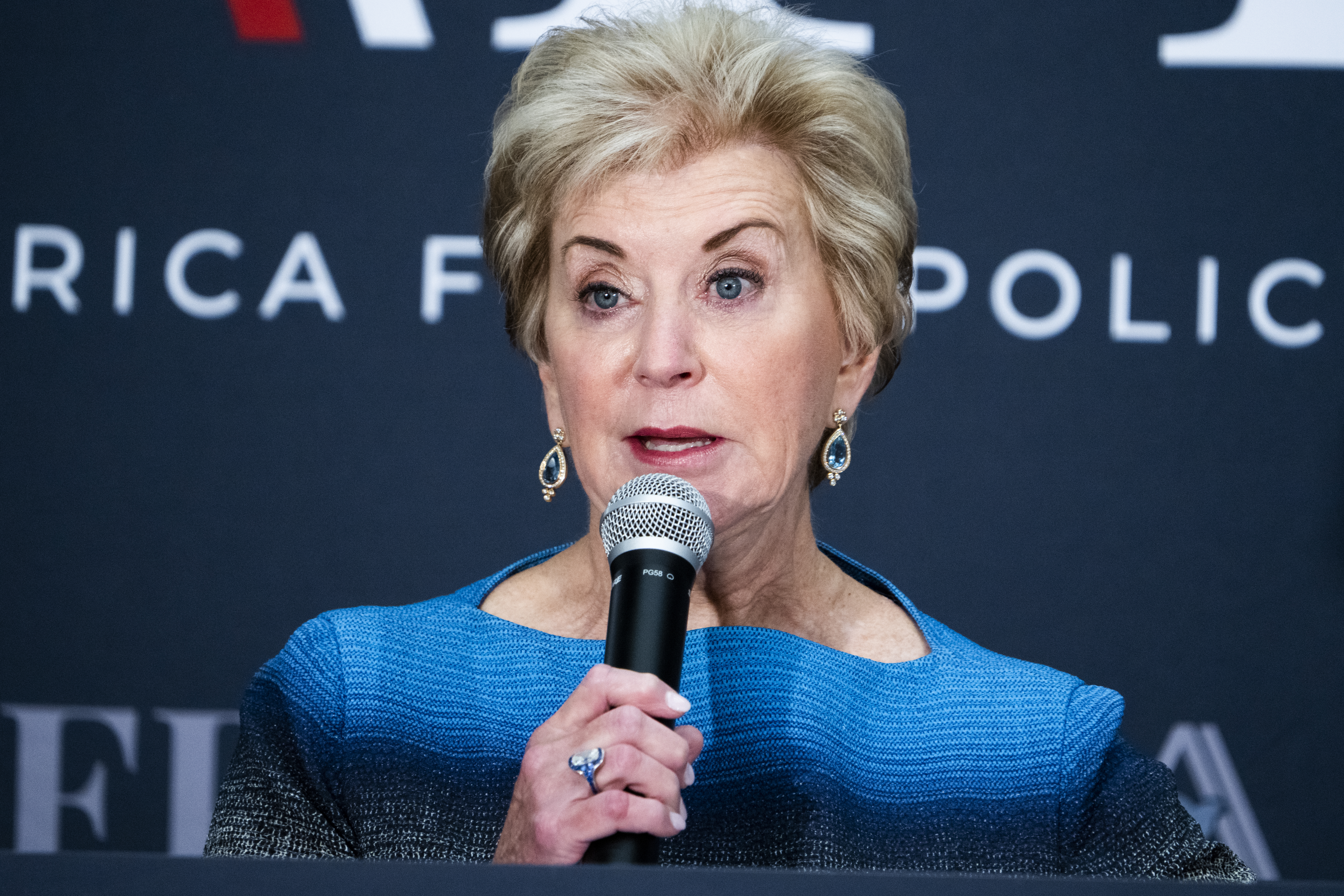 UNITED STATES - SEPTEMBER 12: Linda McMahon, former administrator of the U.S. Small Business Administration, speaks during a discussion hosted by America First Policy Institute (AFPI) and The Abraham Accords Peace Institute, in Washington D.C., on Monday, September 12, 2022. The event marked the second anniversary of the Abraham Accords with Israel and its regional neighbors. Jared Kushner, former senior advisor to President Donald Trump, participated in the discussion. (Tom Williams/CQ-Roll Call, Inc via Getty Images)
