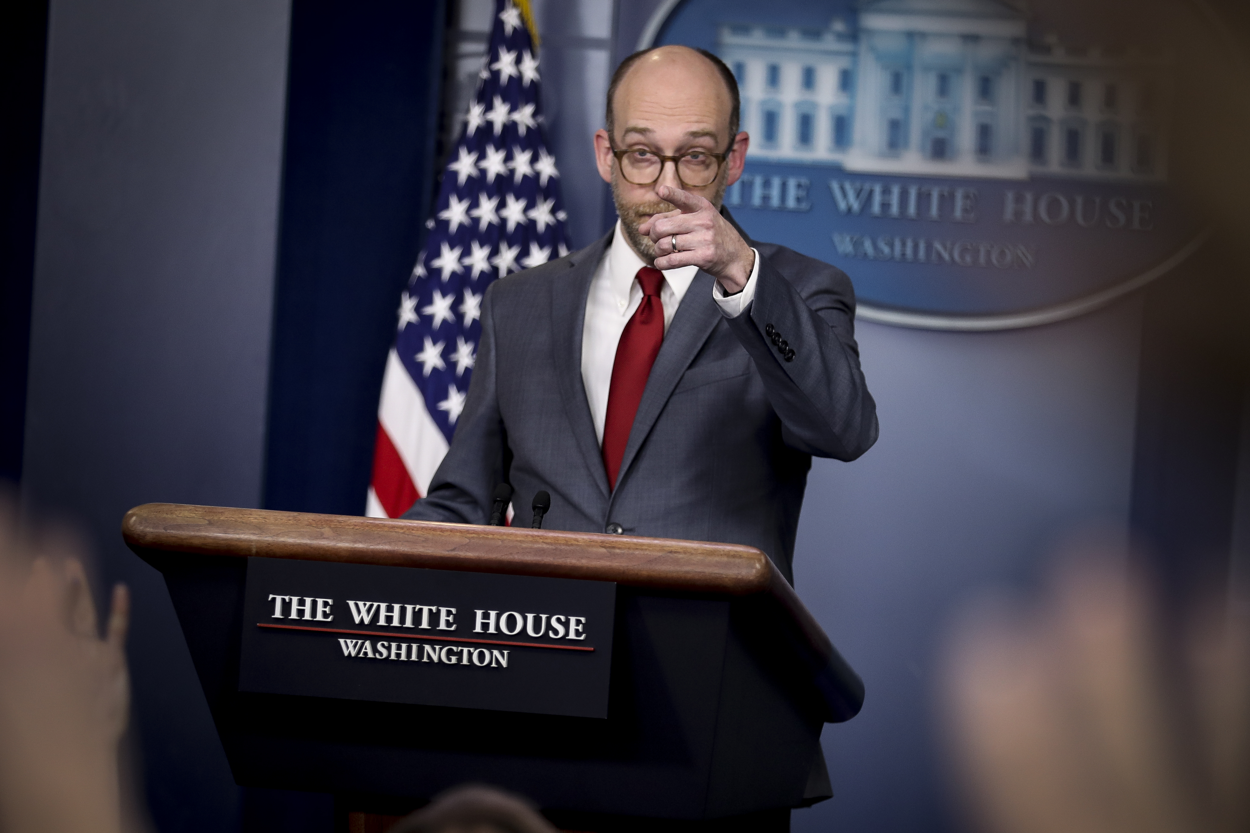 WASHINGTON, DC - March 11: Office of Management and Budget Acting Director Russell Vought, takes questions from reporters during a press briefing in the Brady Press Briefing Room of the White House, on March 11, 2019, in Washington, DC.(Photo by Oliver Contreras/For The Washington Post via Getty Images)