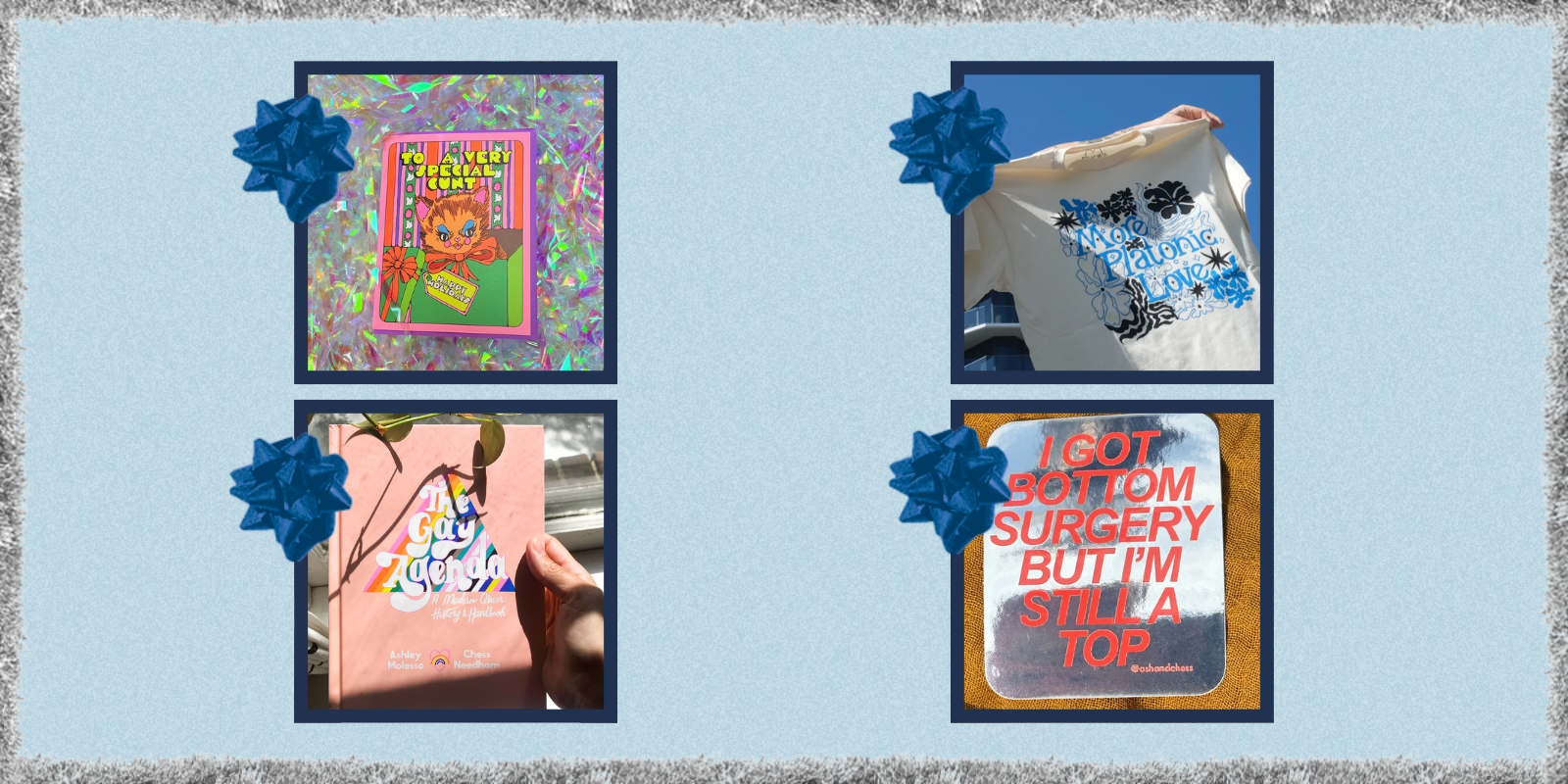 four items from ash + chess - card, t-shirt, sticker and book