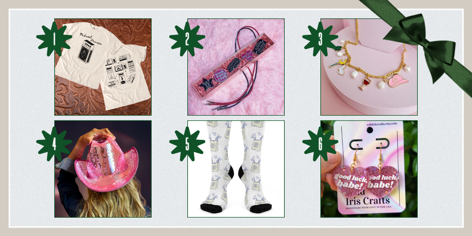 1. Matchbox Shirt ($38+)2. Bolo Tie Set ($48) 3. Charm Necklace ($36) 4. Pink Disco Hat ($63+) 5. Hot To Go Socks ($15) 6. Good Luck Babe Earrings ($20)