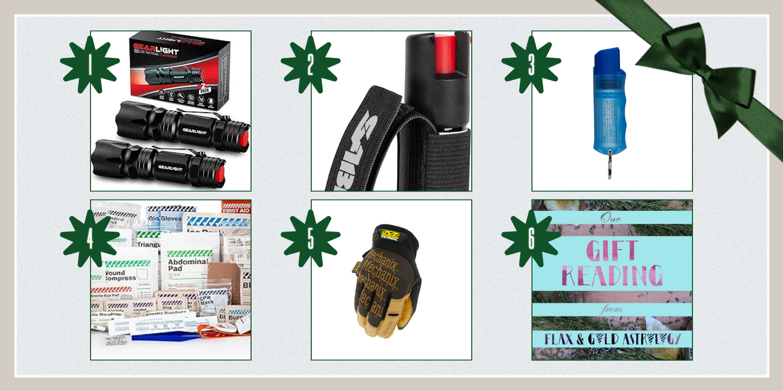 1. GearLight M3 Mini LED Flashlight ($21)2. SABRE Runner Defense Spray ($9) 3. SABRE Practice Spray with Twist Lock ($9) 4. RHINO RESCUE 350 Pieces OSHA All-Purpose First Aid Kit ($37) 5. Leather Work Gloves, Mechanix ($28) 6. Gift Birth Chart Reading ($175)