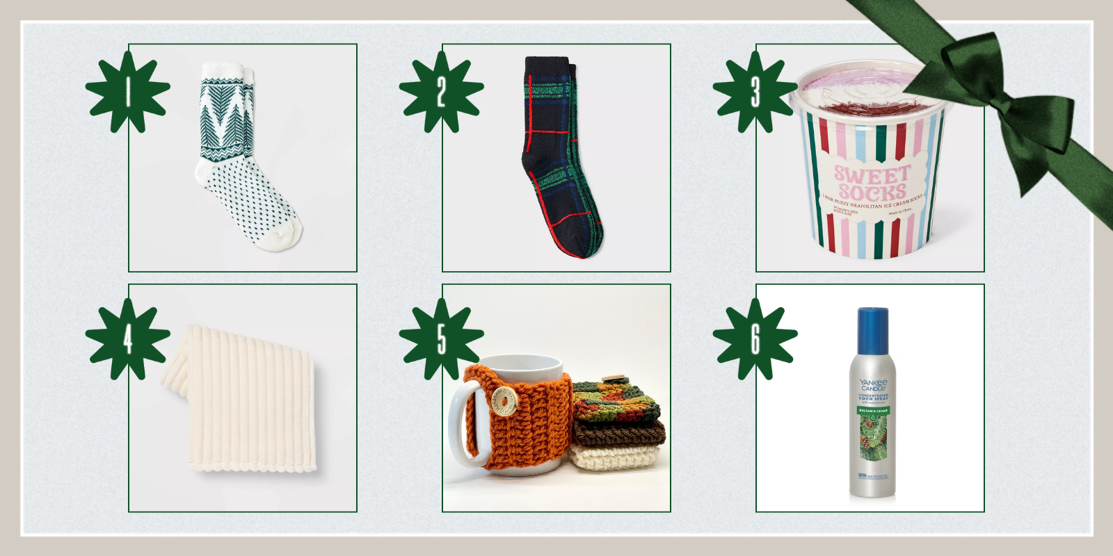 1. Double Lined Cozy Alpine Tree Socks ($5, sometimes on sale for $3.50)2. Tartan Crew Socks ($3) 3. Neapolitan Socks ($5) 4. Ribbed Throw Blanket ($10) 5. Crocheted Mug Sleeve ($6) 6. Balsam and Cedar Room Spray ($5)