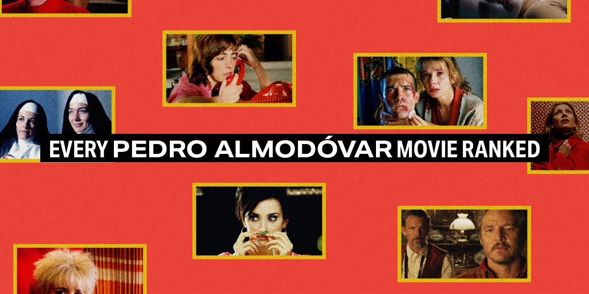 Every Pedro Almodóvar movie ranked text against a red backdrop with a collage of movie stills.