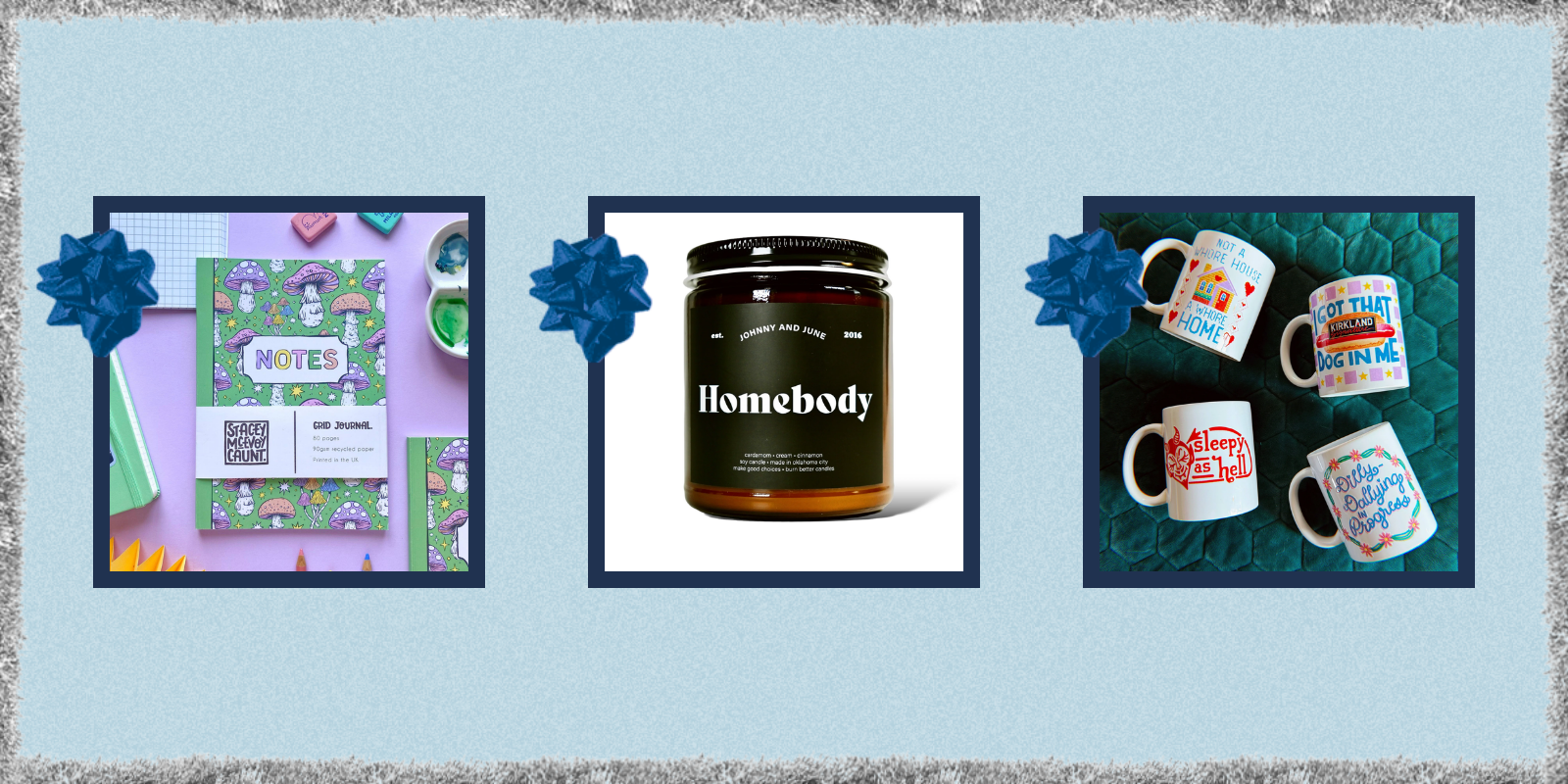 notebook, candle, mugs