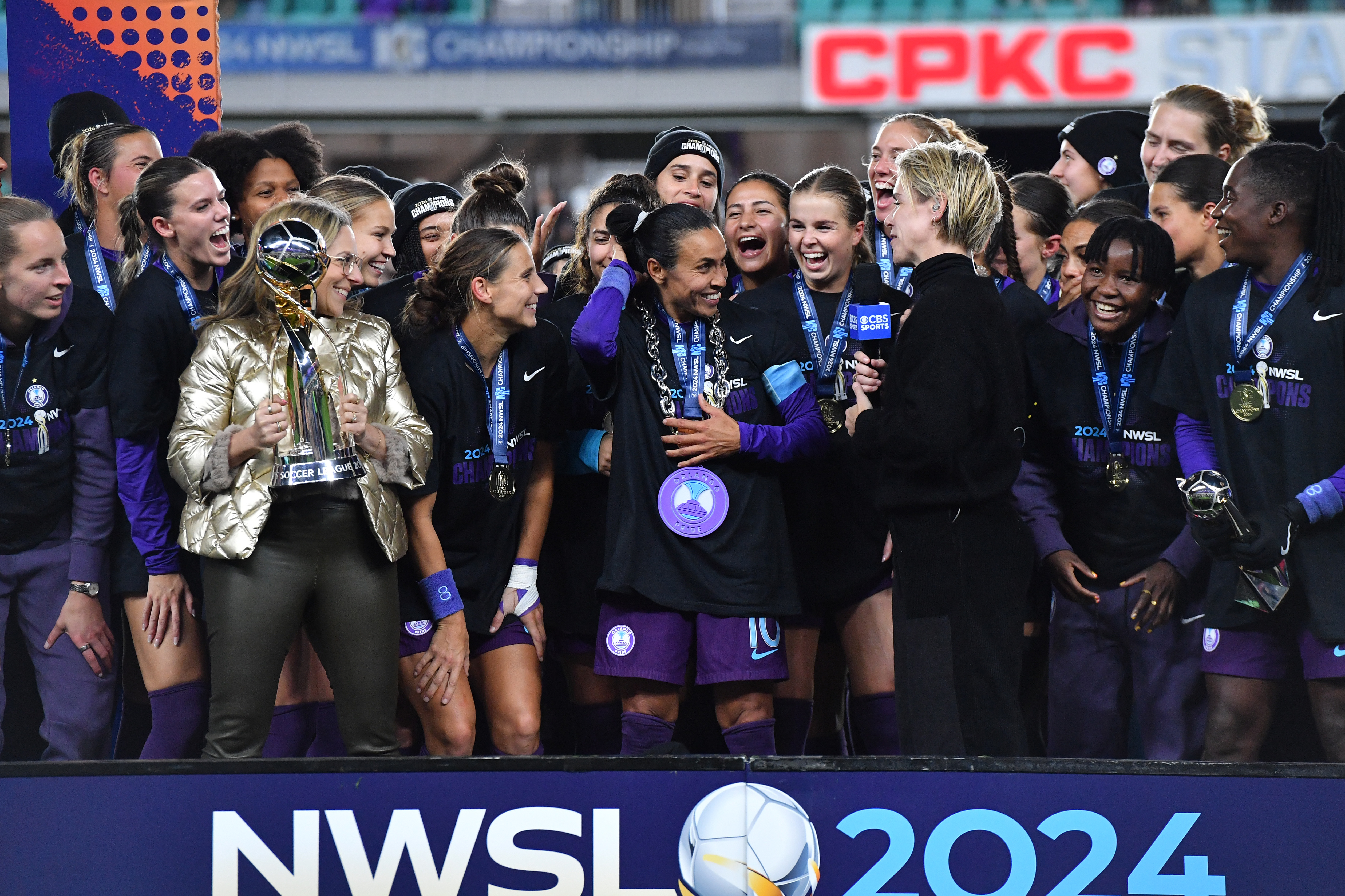 KANSAS CITY, MISSOURI - NOVEMBER 2: Marta #10 of Orlando Pride talking with tv reporter during the NWSL Championship game between Orlando Pride and Washington Spirit at CPKC Stadium on November 23, 2024 in Kansas City, Missouri. (Photo by Bill Barrett/ISI Photos/Getty Images)