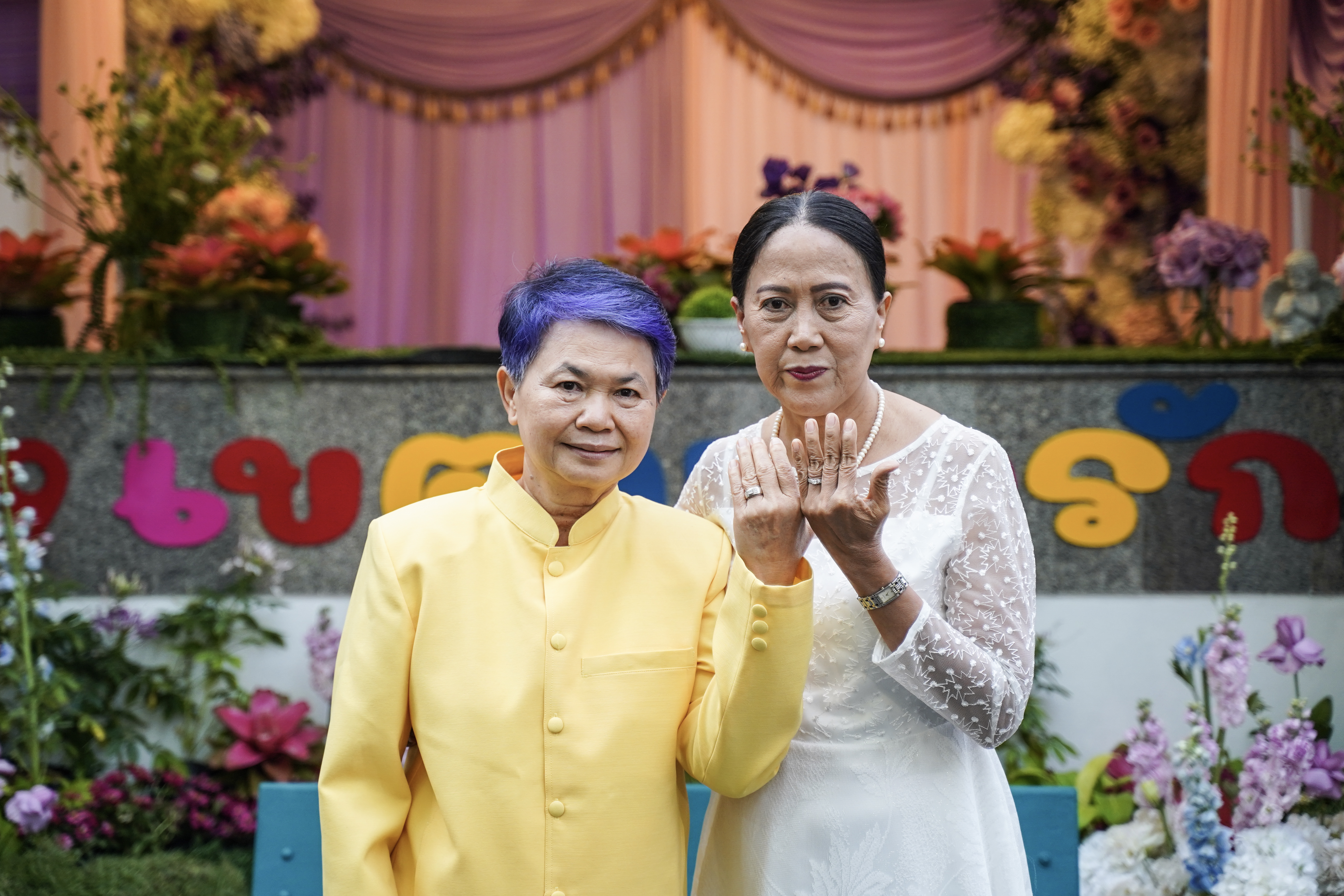 A couple shows off their rings following their marriage during an event to mark the country's same-sex marriage law coming into effect in Bangkok, Thailand, on January 23, 2025. (Photo by Anusak Laowilas/NurPhoto via Getty Images)