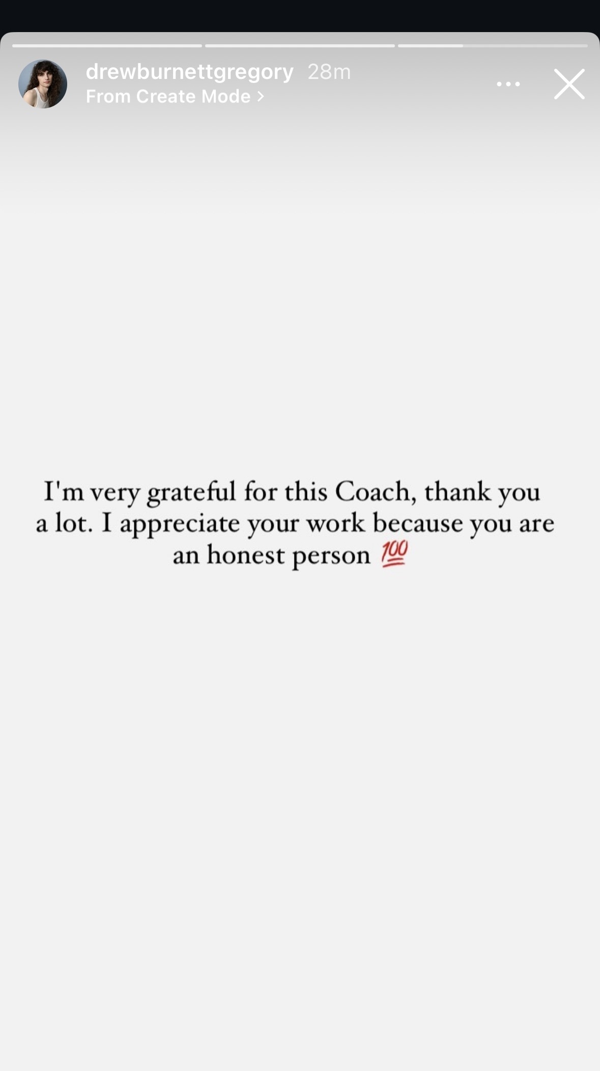 A screenshot from a story: I'm very grateful for this Coach, thank you a lot. I appreciate your work because you are an honest person 100