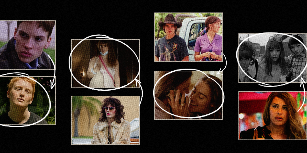 Images from trans films in pairs of two with an arrow from the 