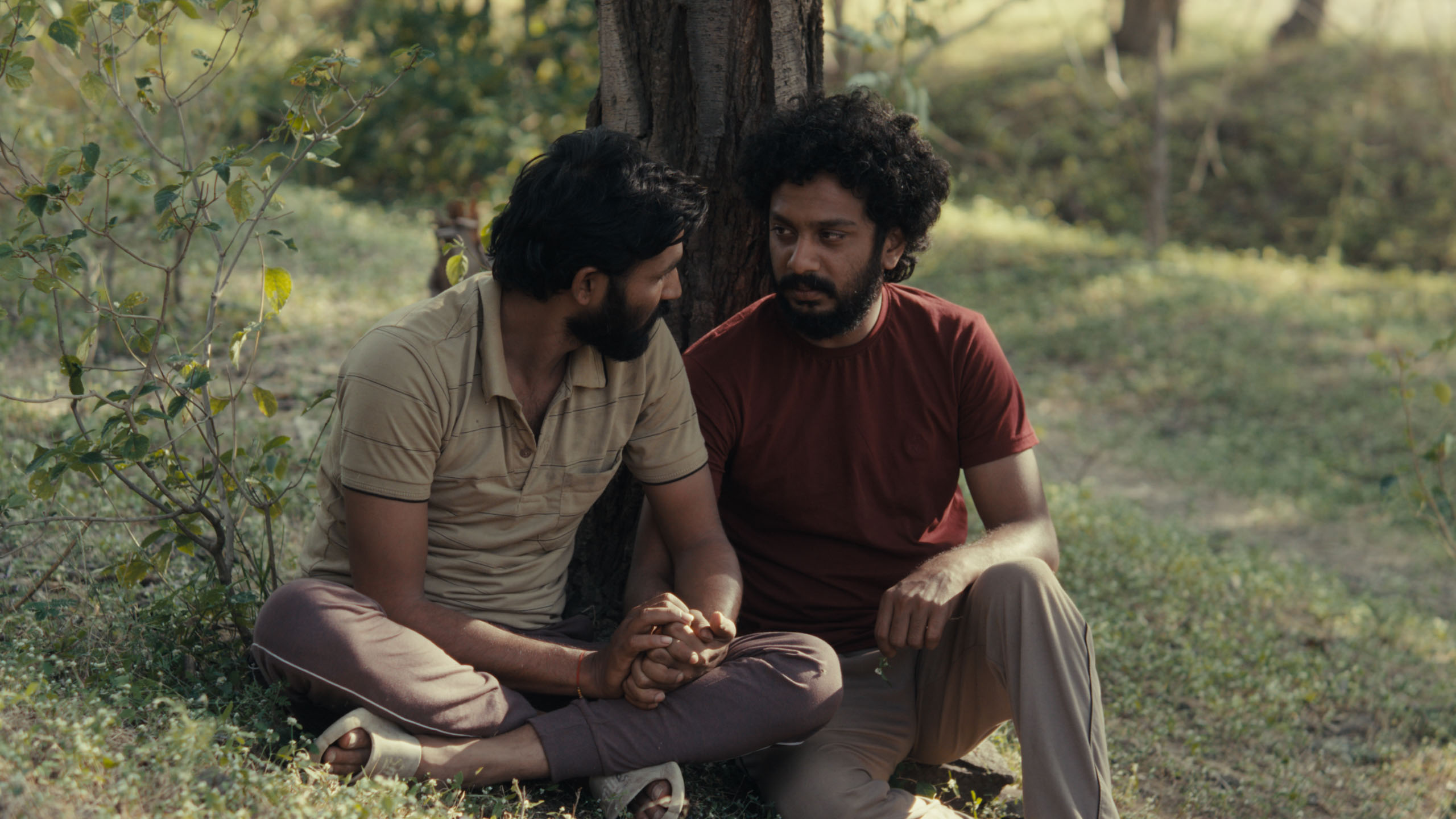 Bhushaan Manoj and Suraaj Suman sit under a tree together in Sabar Bonda (Cactus Pears)