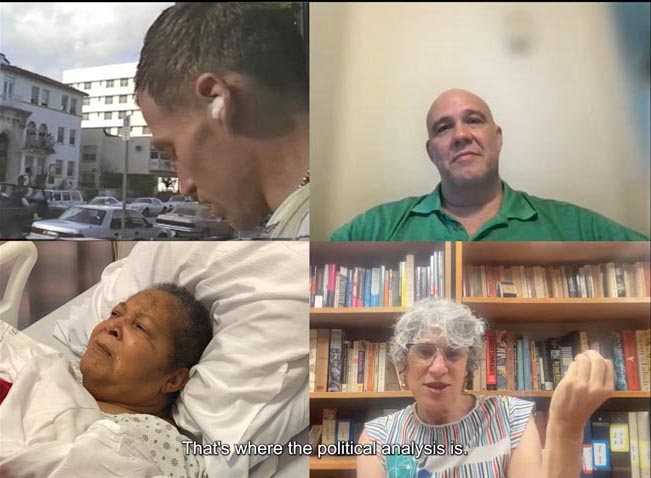 clockwise: James Robert Lamb, Pato Hebert, Alexandra Juhasz, Juanita Mohammed Szczepanski (built from “Video Remains,” Alexandra Juhasz, 2005, Zoom interviews, 2023, and “I Want to Leave a Legacy,” Juanita Mohammed Szczepanski, 2022, iPhone).