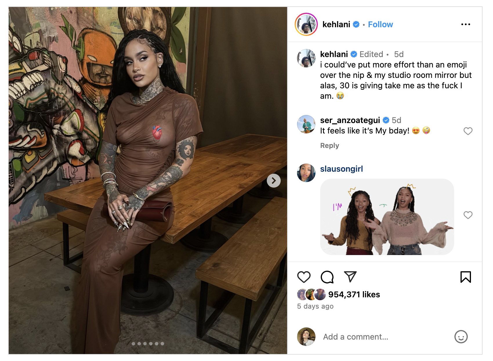 A screenshot of Kehlani's IG post with the caption i could've put more effort than an emoji over the nip & my studio room mirror but alas, 30 is giving take me as the fuck I am.