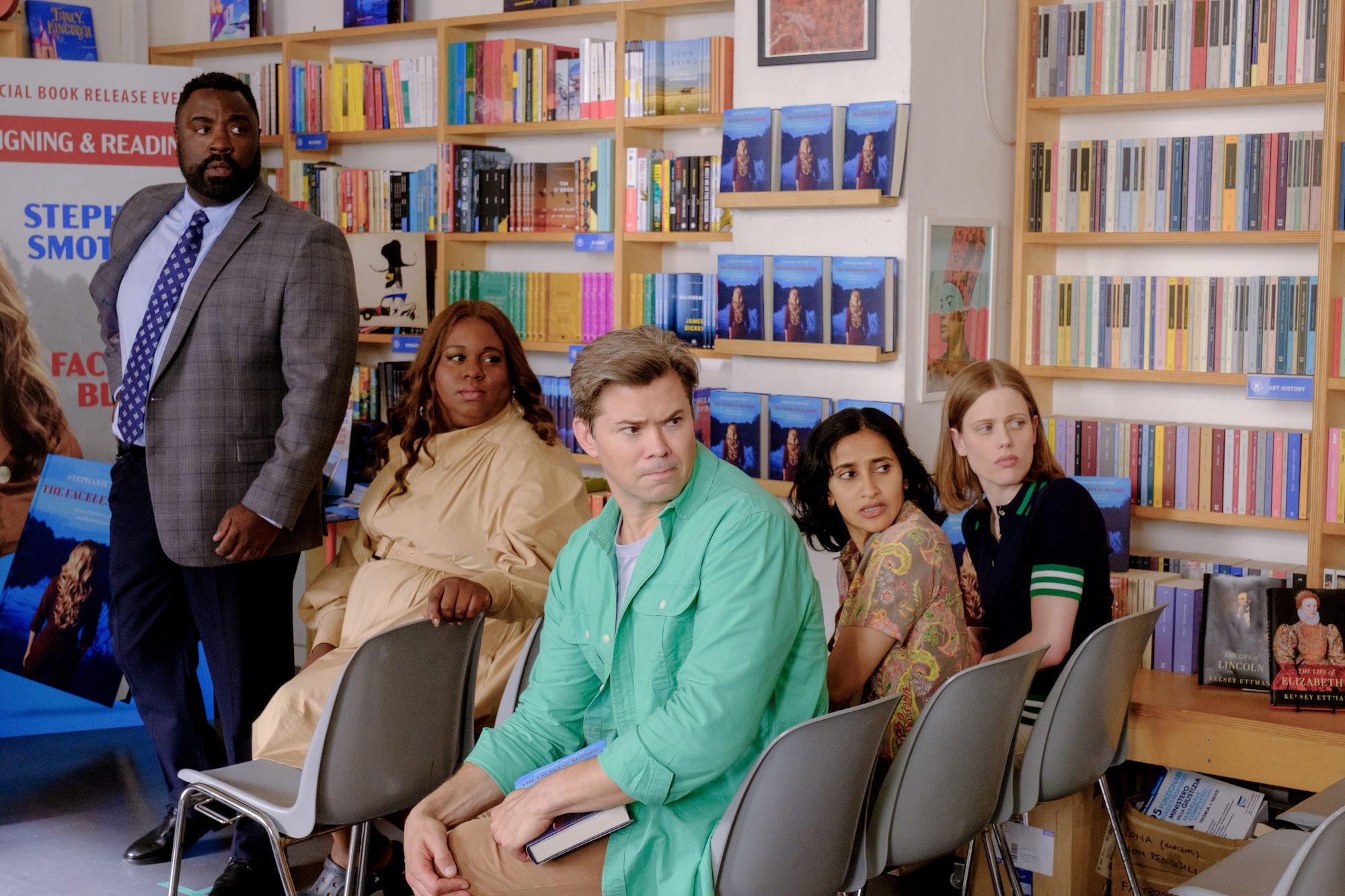 (L to R): Detective Summerville (Bashir Salahuddin), Vicky (Alex Newell), Darren (Andrew Rannells), Sona (Aparna Nancherla) and Stacey (Kelly McCormack) in ANOTHER SIMPLE FAVOR.