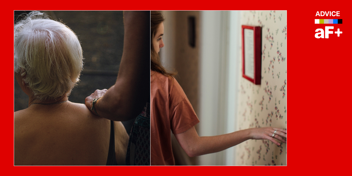 One image shows an older woman with her back to us, another shows a younger woman trailing her fingertips along a wall