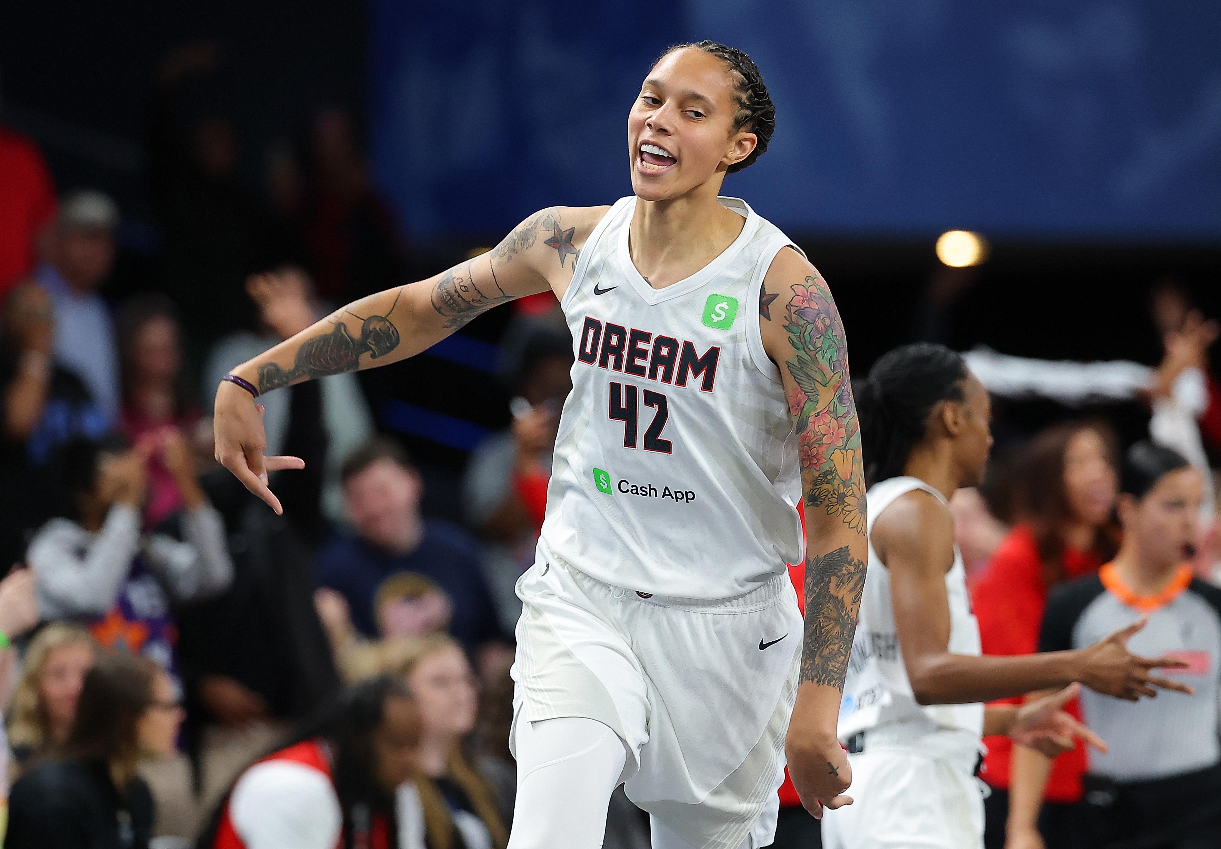 COLLEGE PARK, GEORGIA - MAY 10: Brittney Griner #42 of the Atlanta Dream reacts after hitting a three-point basket against the Indiana Fever during the first quarter of a preseason game at Gateway Center Arena on May 10, 2025 in College Park, Georgia. NOTE TO USER: User expressly acknowledges and agrees that, by downloading and/or using this photograph, user is consenting to the terms and conditions of the Getty Images License Agreement. (Photo by Kevin C. Cox/Getty Images)