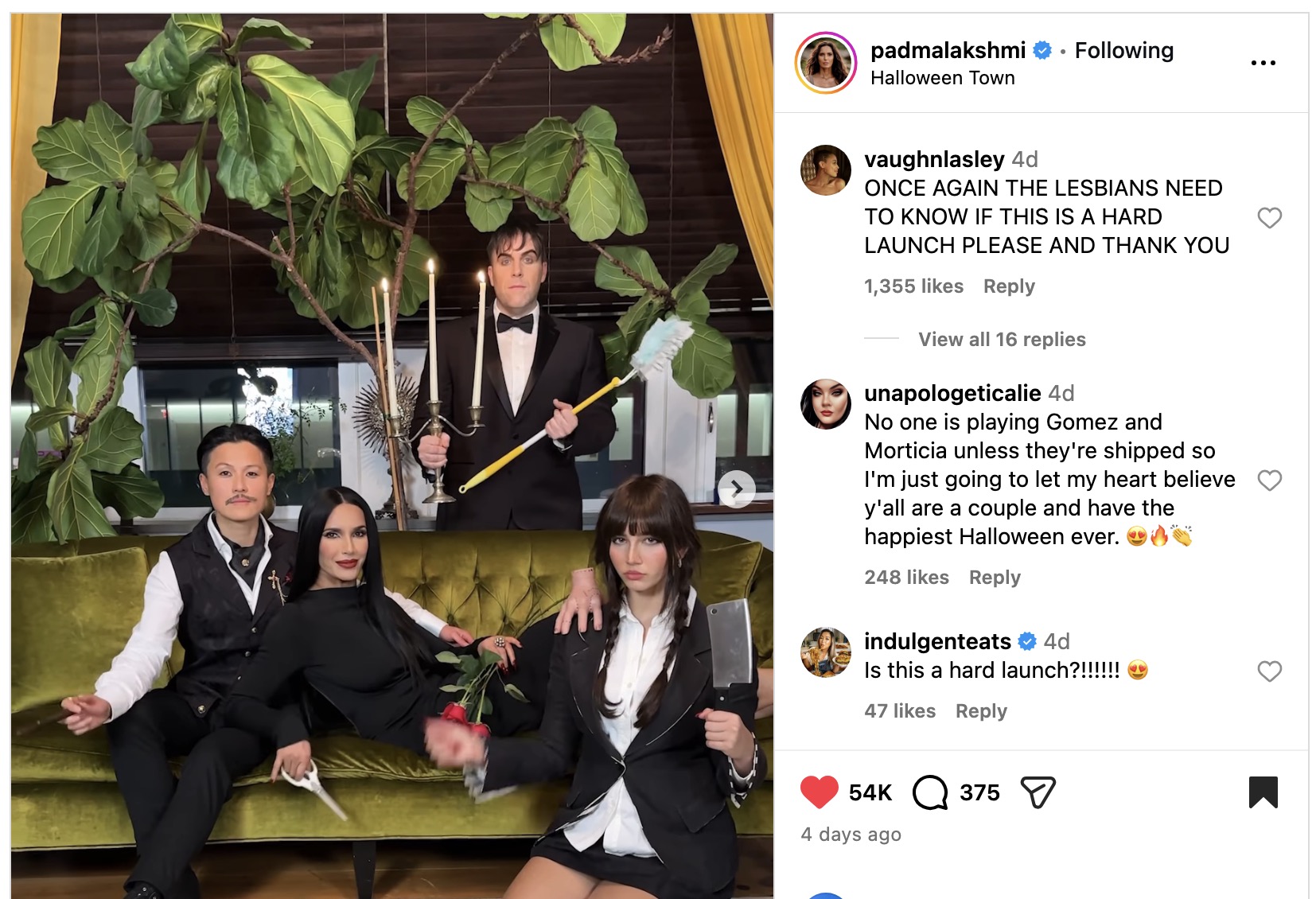 instagram post of padma and melissa king and padma's family for halloween