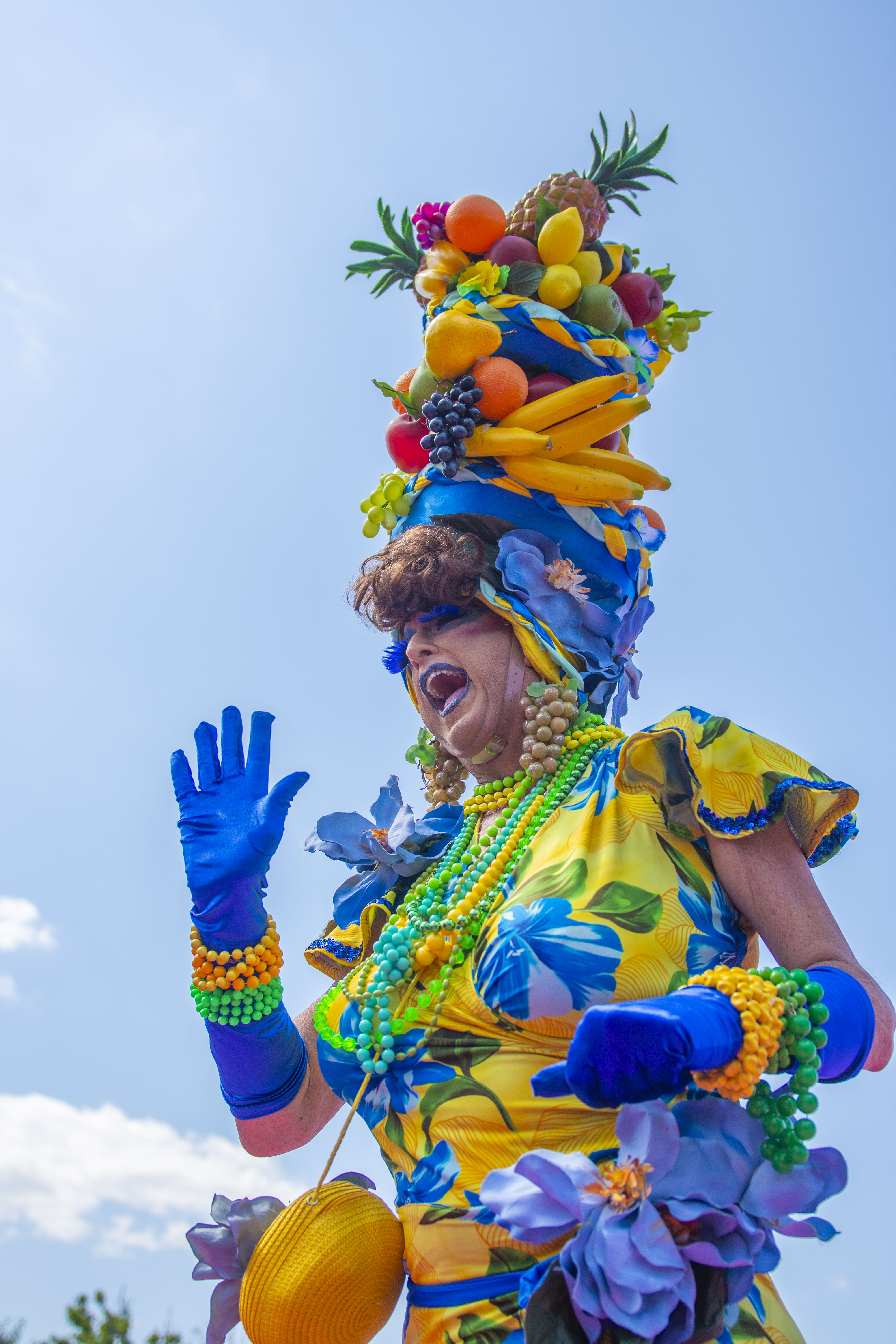 a drag queen in a fruit outfit
