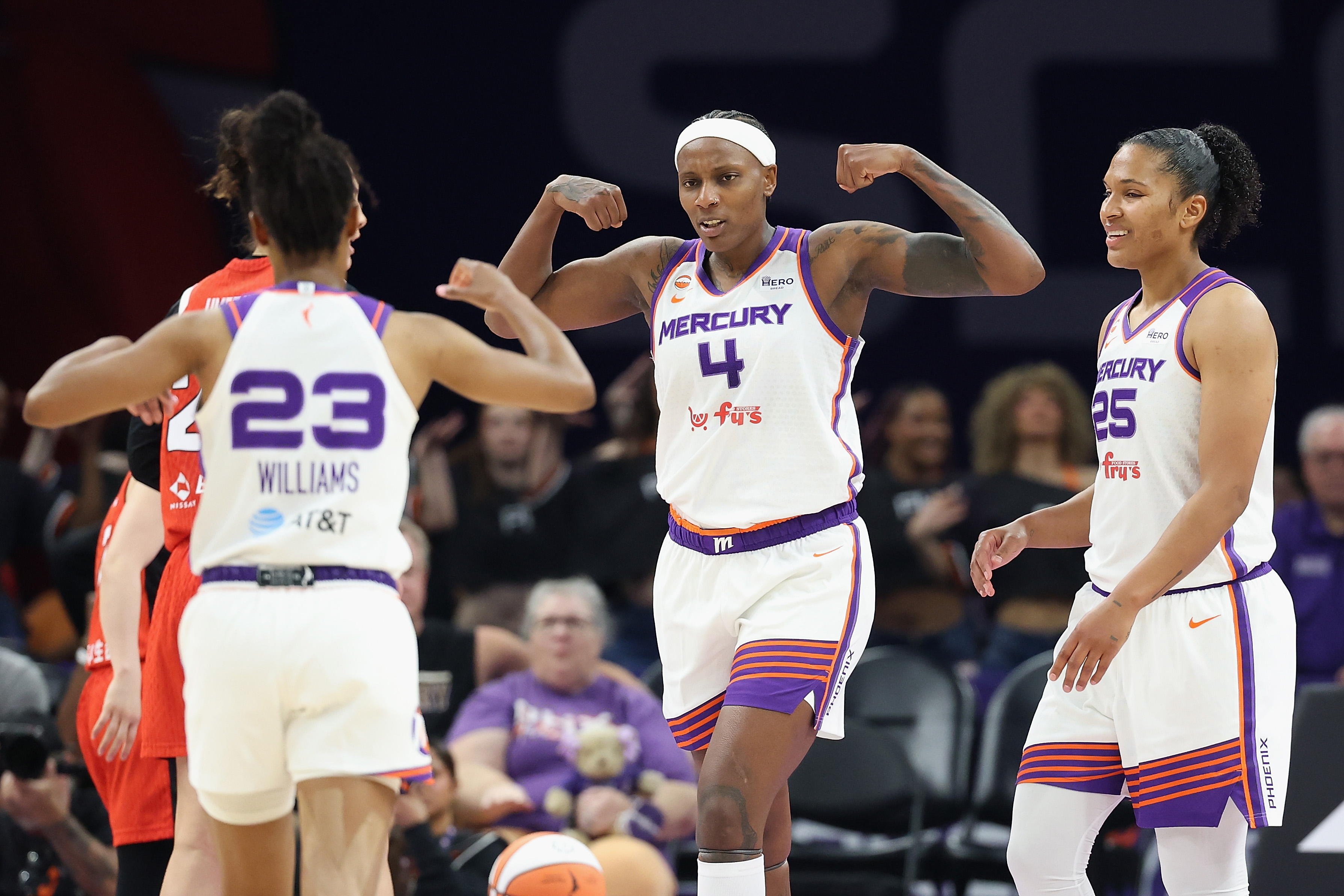 PHOENIX, ARIZONA - APRIL 29: Natasha Mack #4 and Alyssa Thomas #25 after scoring against Team Japan during the first half of an exhibition WNBA game at Mortgage Matchup Center on April 29, 2026 in Phoenix, Arizona. (Photo by Christian Petersen/Getty Images)