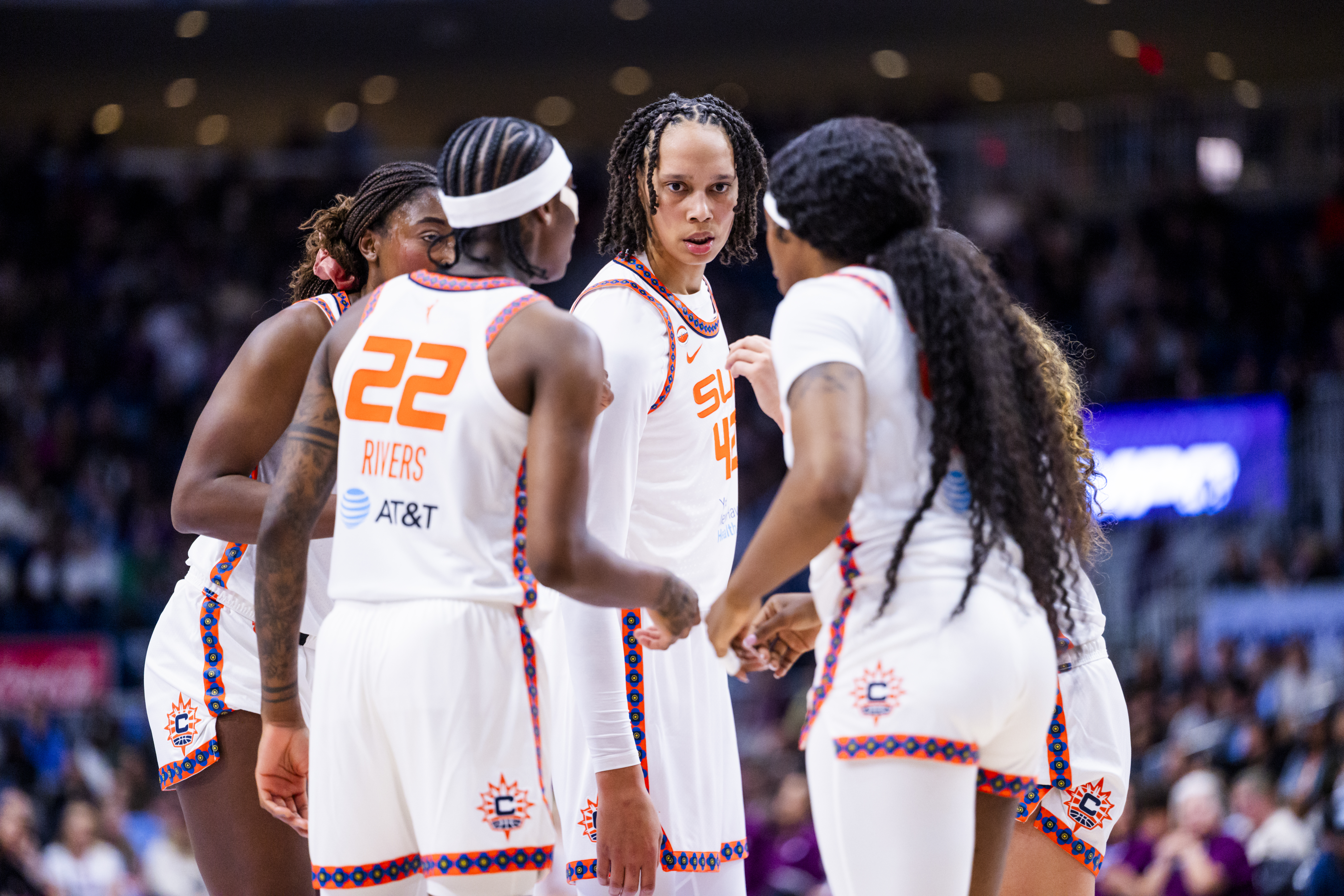 TORONTO, CANADA - APRIL 29: Brittney Griner #42 of the Connecticut Suns talks with teammates during a break in play against the Toronto Tempo during the preseason game at Coca-Cola Coliseum on April 29, 2026 in Toronto, Canada. NOTE TO USER: User expressly acknowledges and agrees that, by downloading and or using this photograph, User is consenting to the terms and conditions of the Getty Images License Agreement. (Photo by Bailey McLean/Getty Images)