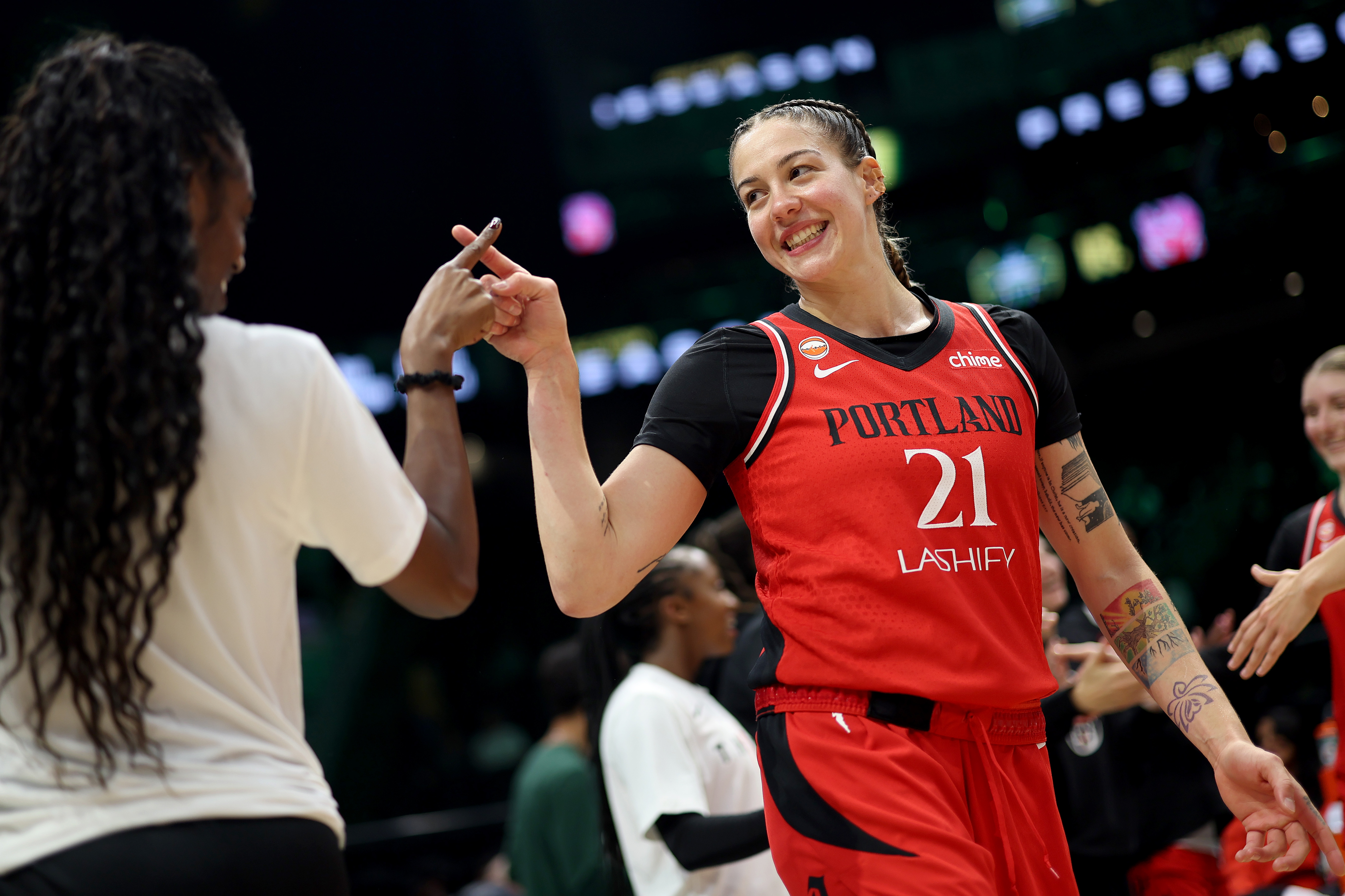 SEATTLE, WASHINGTON - APRIL 29: Emily Engstler of the Portland Fire is introduced against the Seattle Storm at Climate Pledge Arena on April 29, 2026 in Seattle, Washington. (