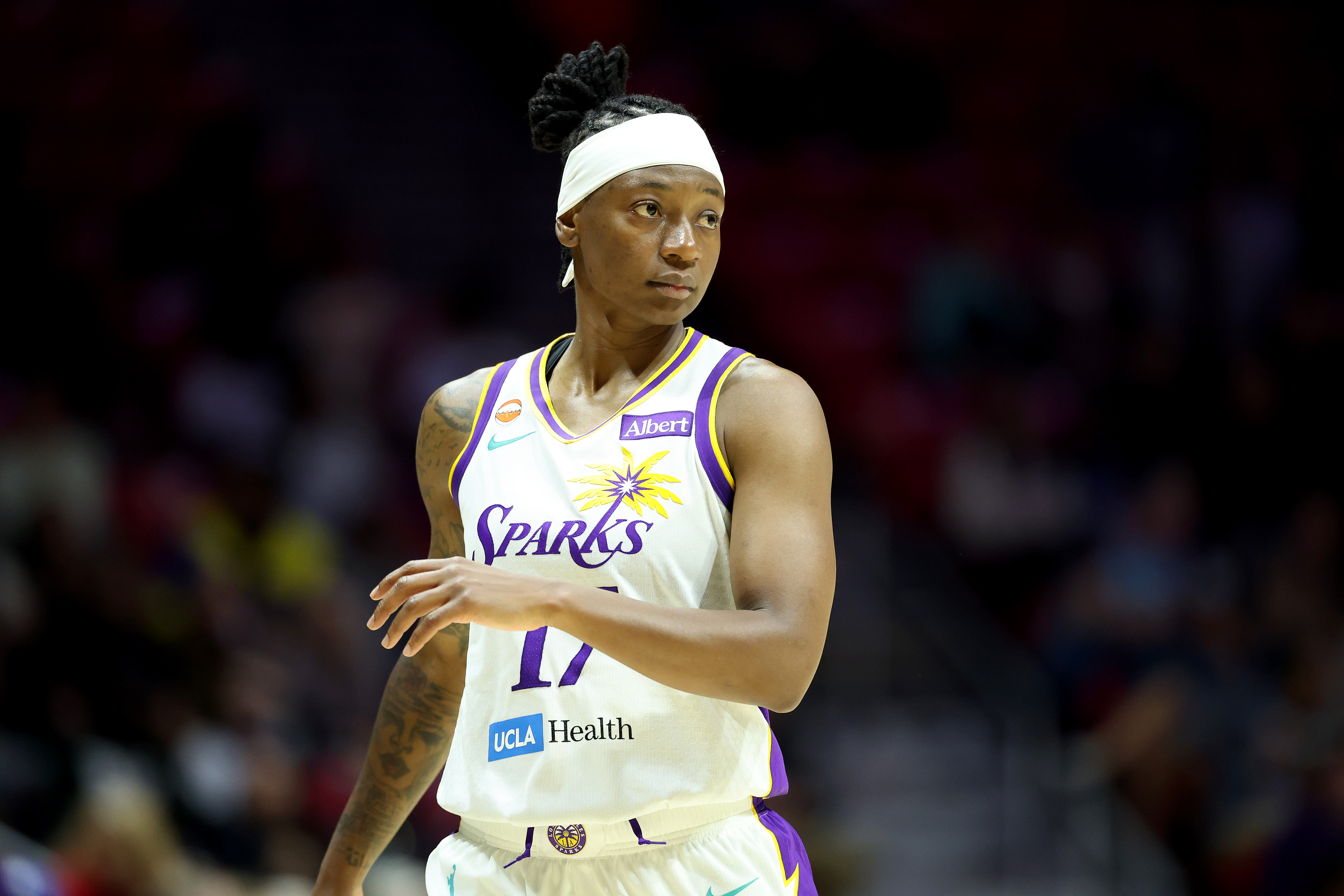 SAN DIEGO, CALIFORNIA - APRIL 25: Erica Wheeler #17 of the Los Angeles Sparks looks on during the second half of a pre-season game against the Nigerian National Women's Team at Viejas Arena at San Diego State University on April 25, 2026 in San Diego, California.