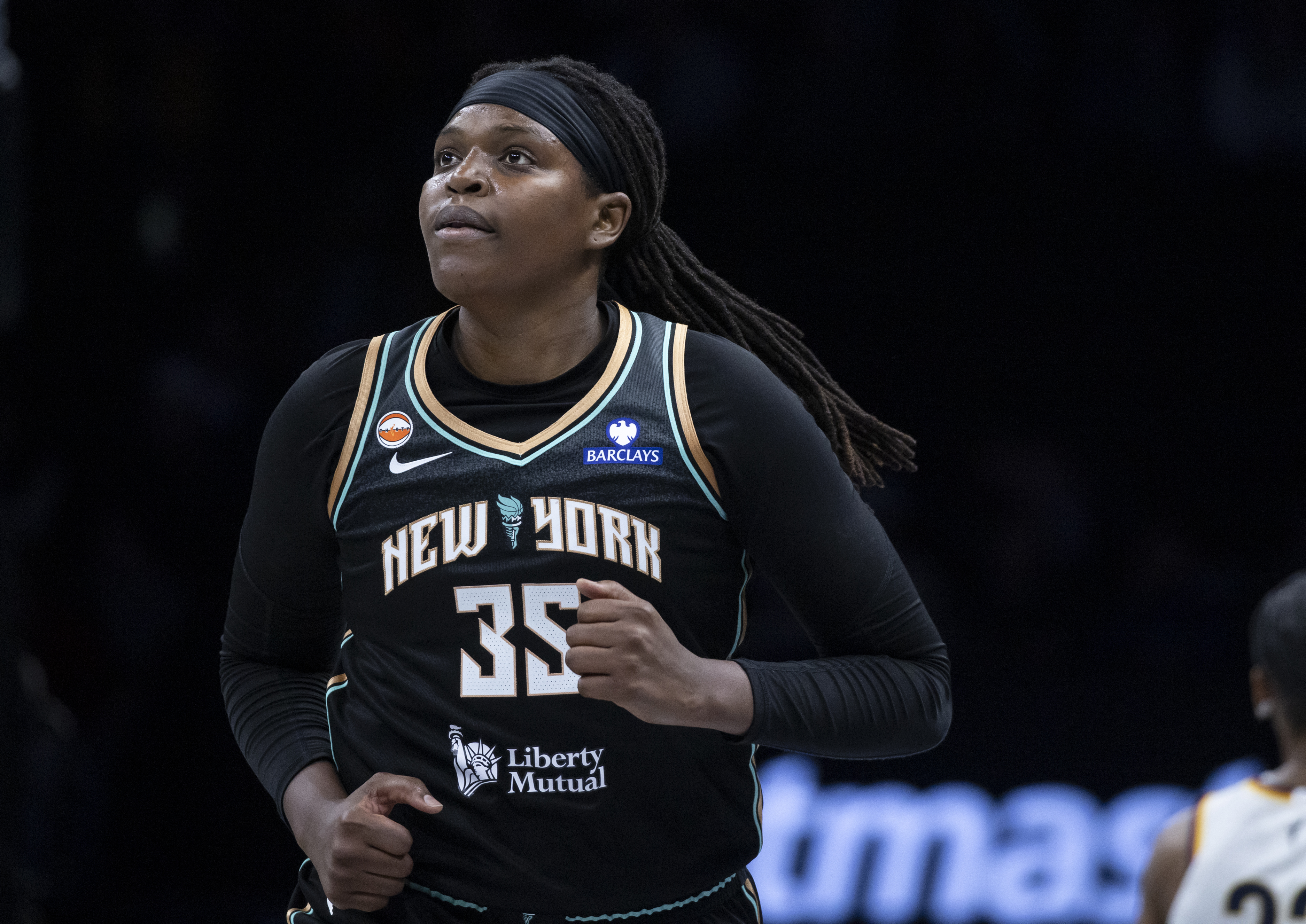 BROOKLYN, NEW YORK - APRIL 25: Jonquel Jones #35 of the New York Liberty looks on during game against the Indiana Fever at Barclays Center on April 25, 2026 in Brooklyn, New York.