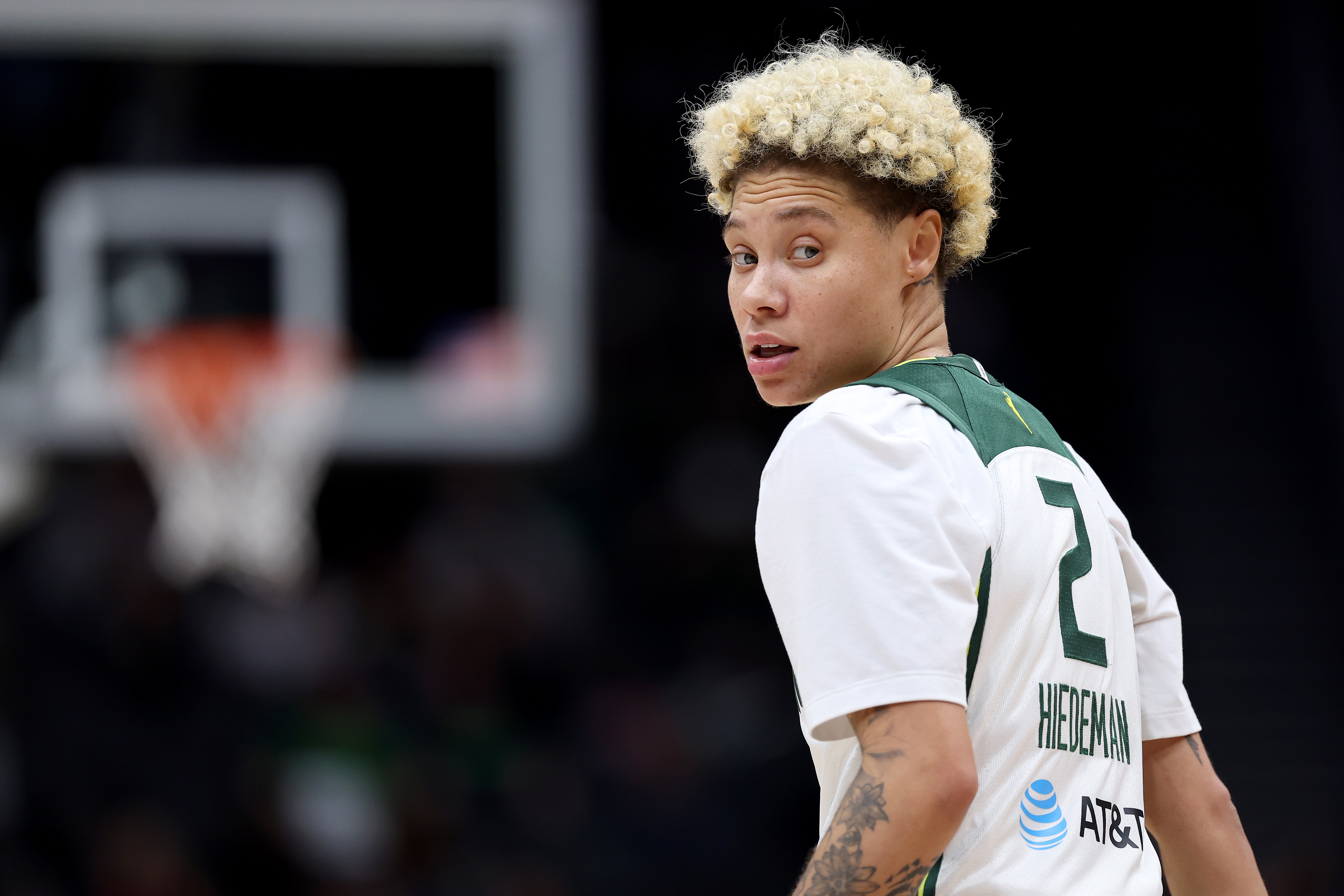 SEATTLE, WASHINGTON - APRIL 29: Natisha Hiedeman #2 of the Seattle Storm looks on against the Portland Fire at Climate Pledge Arena on April 29, 2026 in Seattle, Washington. (Photo by Steph Chambers/Getty Images)