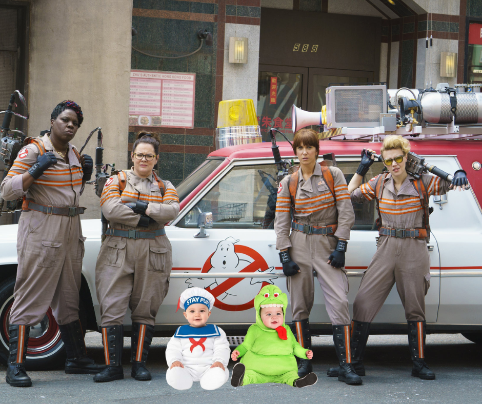 ghostbusters with slimer and marshmallow man