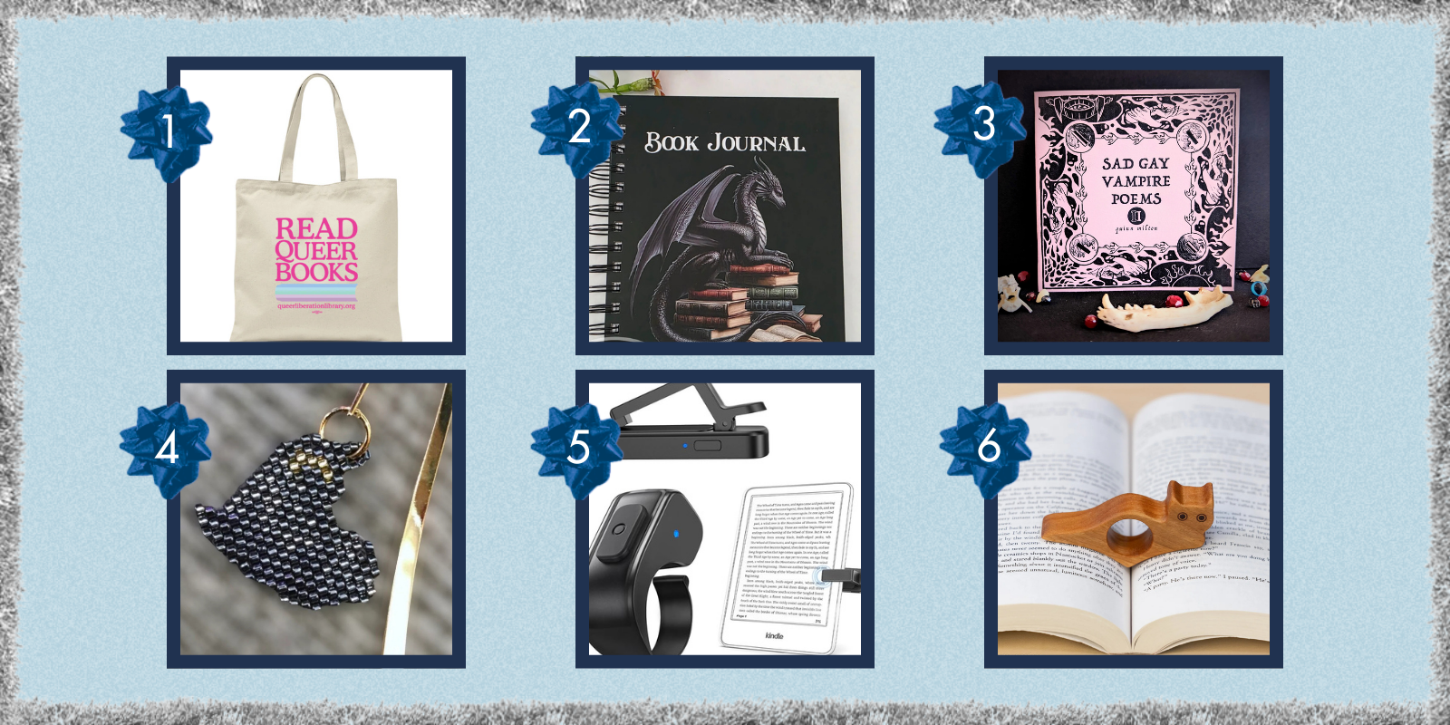 a tote bag, a book journal, a gay vampire zine, a bookmark, an e-reader, and a thumb book page holder