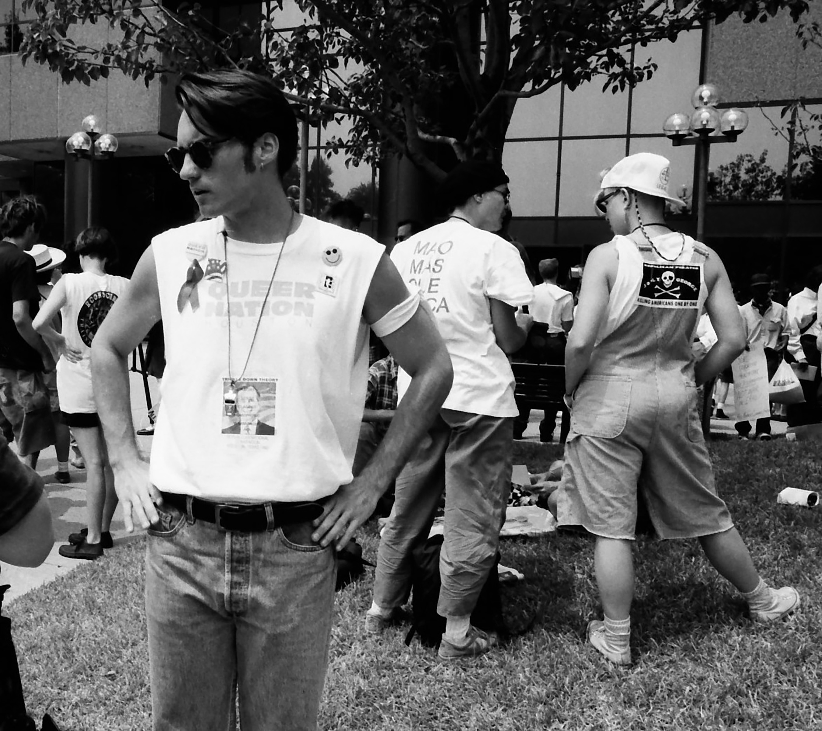 HOUSTON- August 18: 1992 Republican National Convention Protests. Queer Nation and ACT UP (AIDS Coalition to Unleash Power) activists protest the Republican Party, the American government's negligence in the AIDS crisis, anti-gay policies of the Catholic Church, and anti-gay policies of the U.S. military at the Mickey Leland Federal Office Building on August 18, 1992 in Houston, Texas. (Photo by Lindsay Brice/Getty Images)