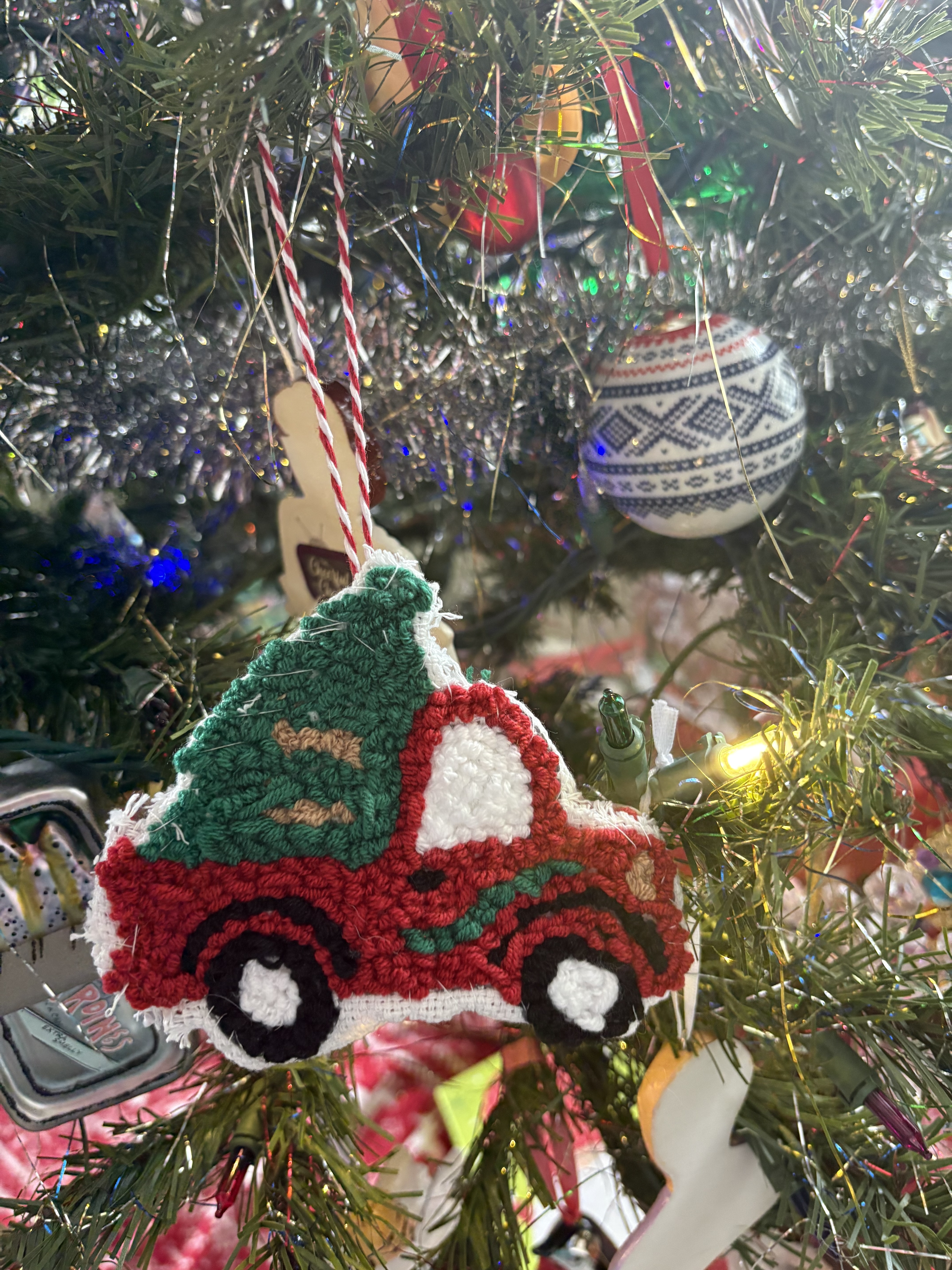 punch needle ornament shaped like truck