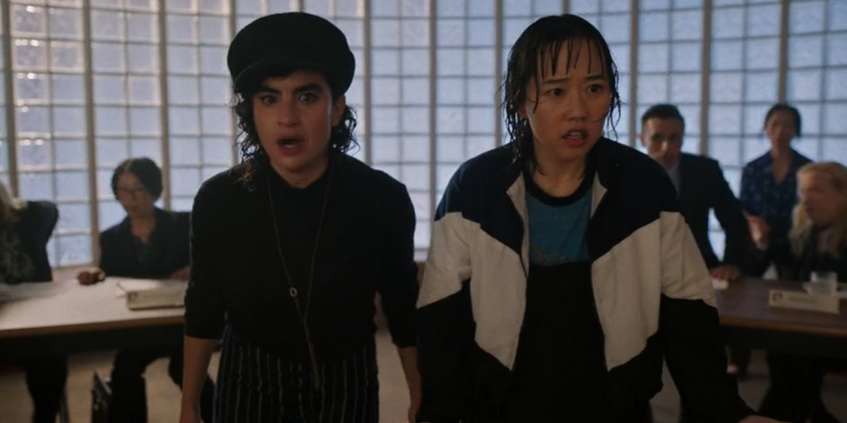 School Spirits: Season Three finale, Rhonda and Quinn stand, soaking wet, in the front of a crowded room
