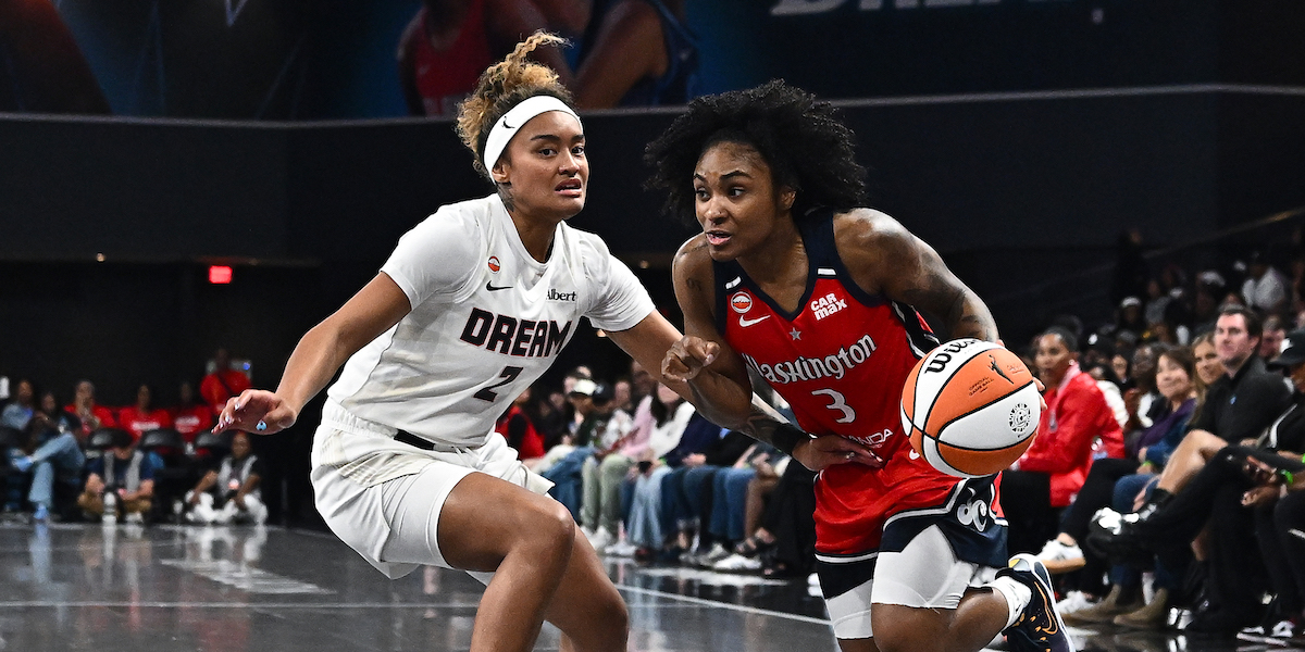 COLLEGE PARK, GEORGIA - MAY 03: Rori Harmon #3 of the Washington Mystics drives to the basket against Te-Hina Paopao #2 of the Atlanta Dream in the third quarter of a preseason game at Gateway Center Arena on May 03, 2026 in College Park, Georgia. NOTE TO USER: User expressly acknowledges and agrees that, by downloading and or using this photograph, User is consenting to the terms and conditions of the Getty Images License Agreement. (Photo by Paras Griffin/Getty Images)