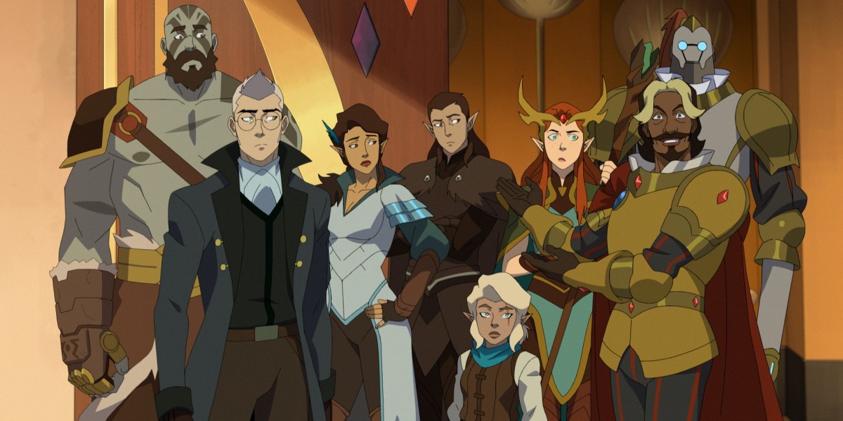 Legend of Vox Machina: group shot of Grog, Percy, Vex, Vax, Pike, Keyleth, Tary, and Doty